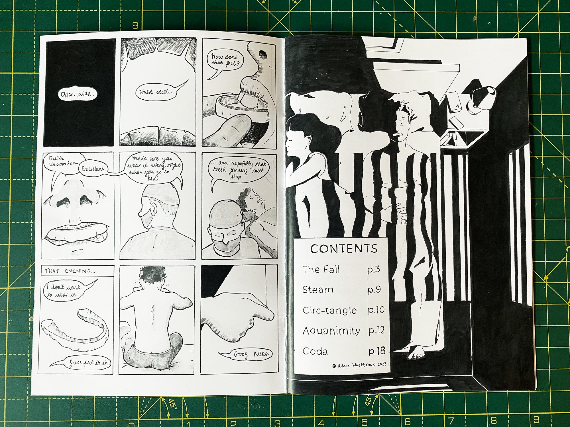 The contents page of Bite Guard Fever Dreams by Adam Westbrook