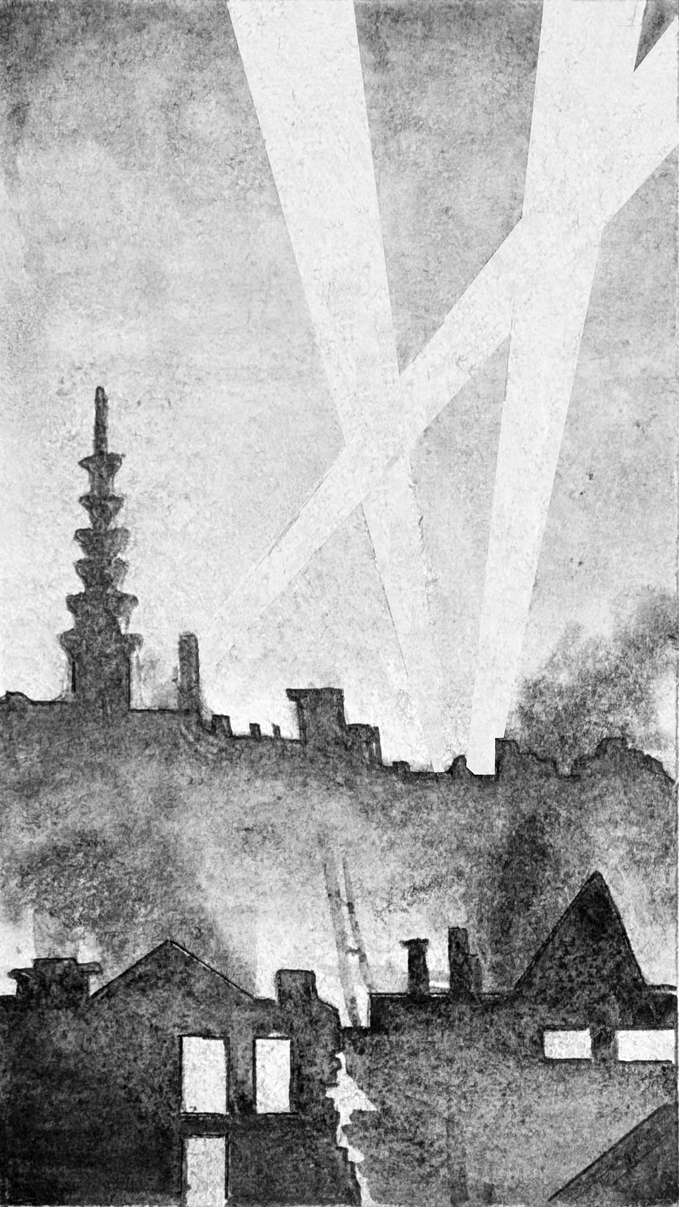 A vertical panel showing the London skyline during the blitz
