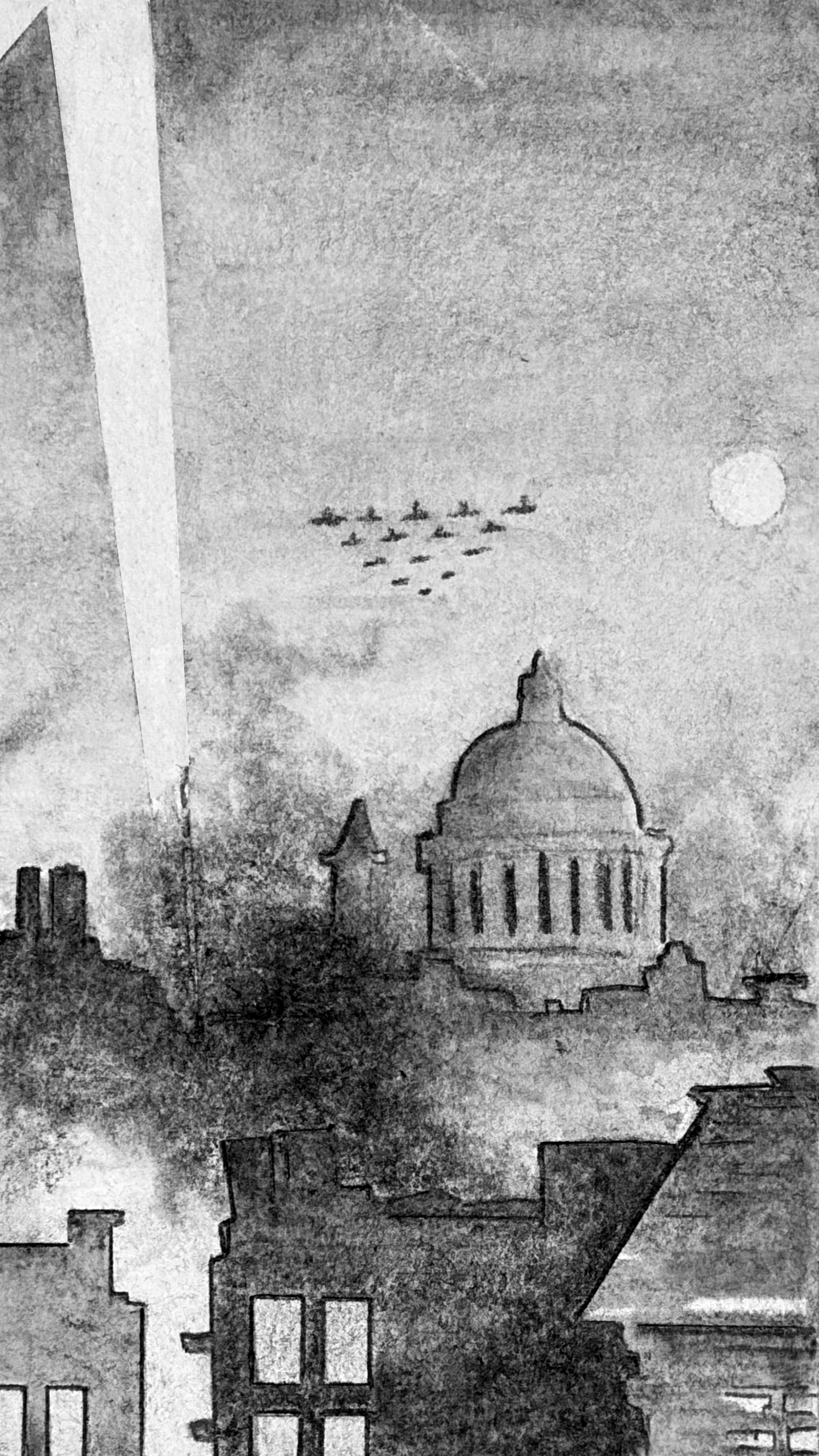 A vertical panel showing the London skyline during the blitz