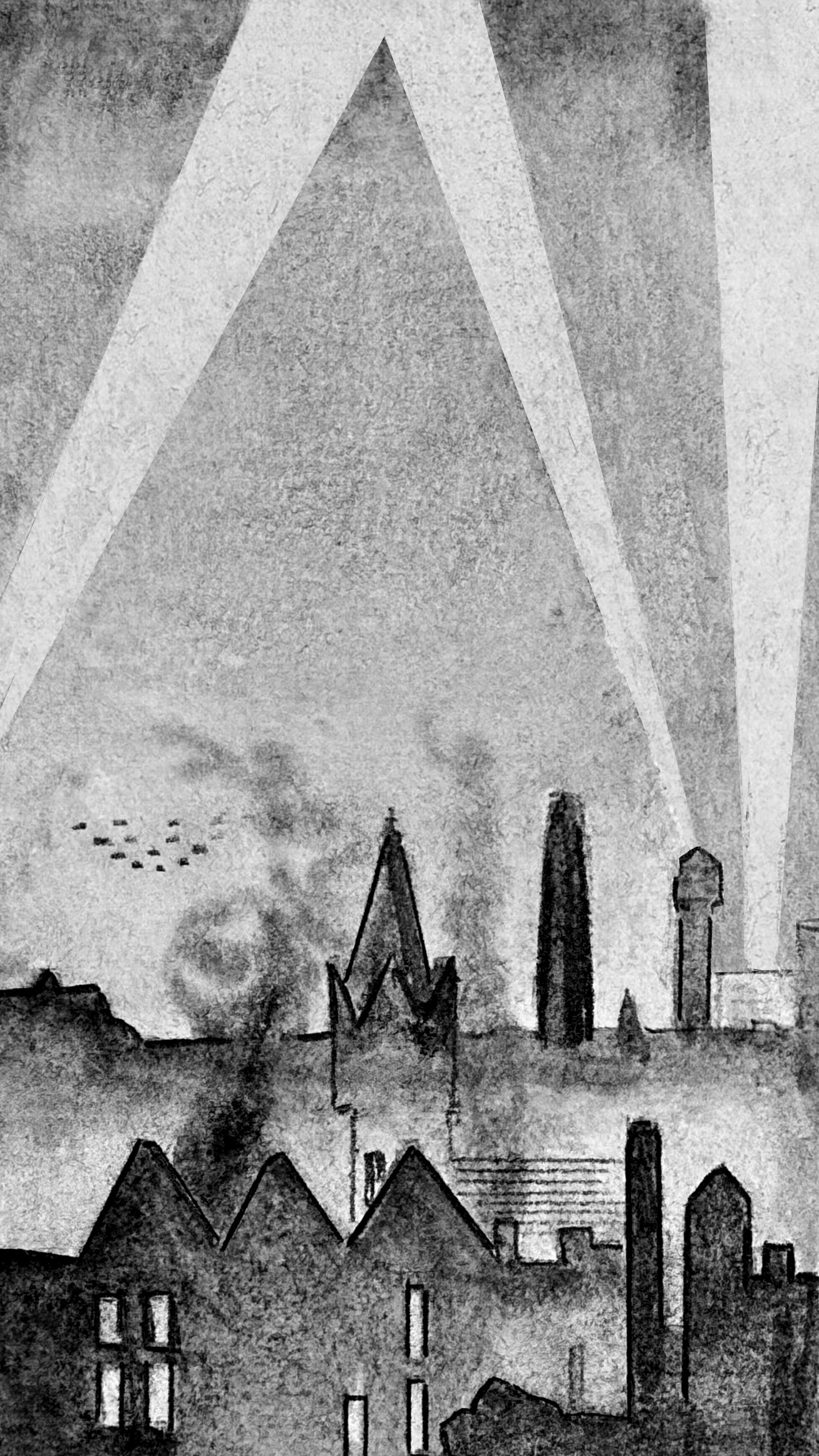 A vertical panel showing the London skyline during the blitz