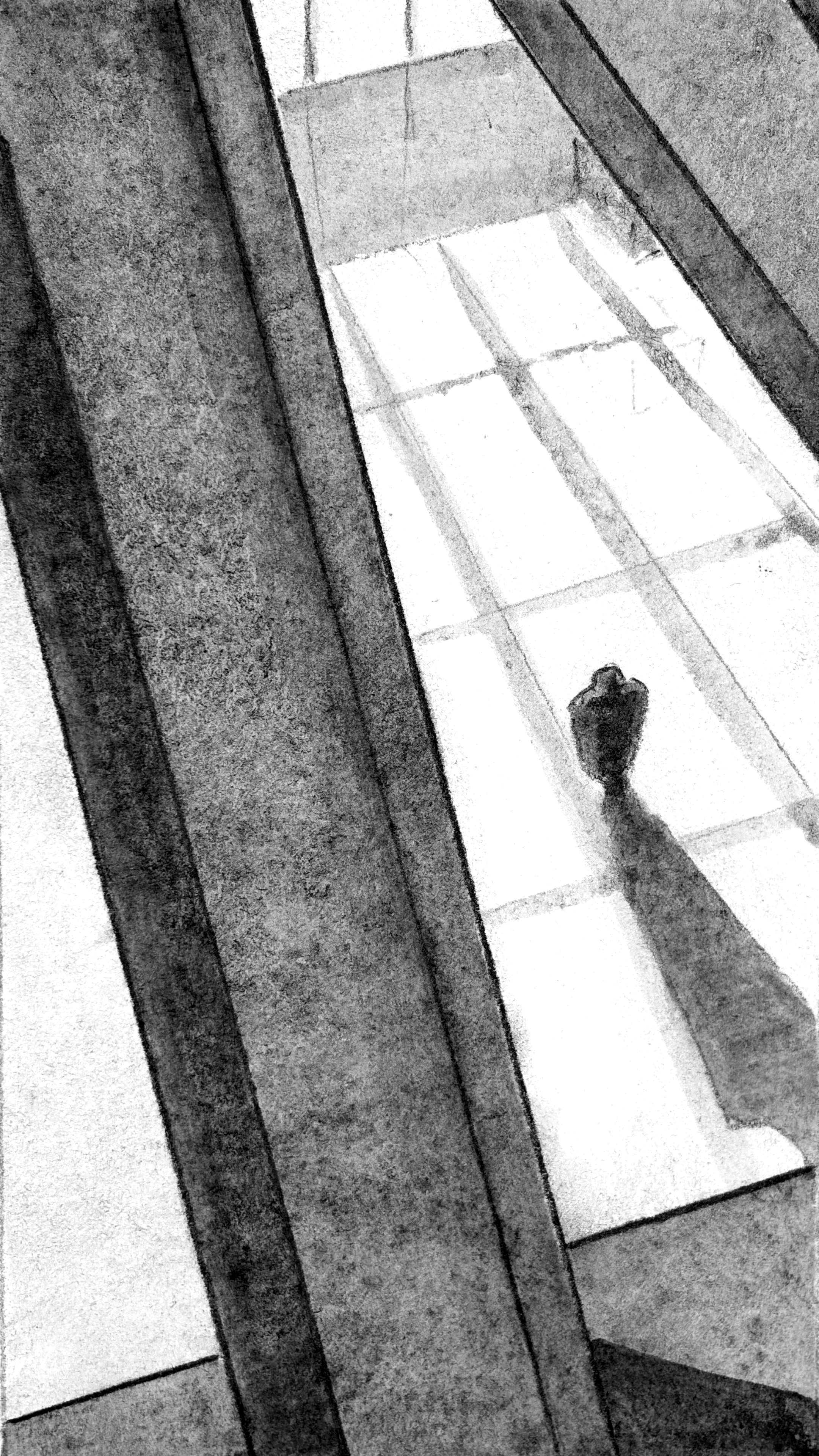 A high angle view from the rafters of the warehouse. Iron beams cross the view. The figure walks across the room.