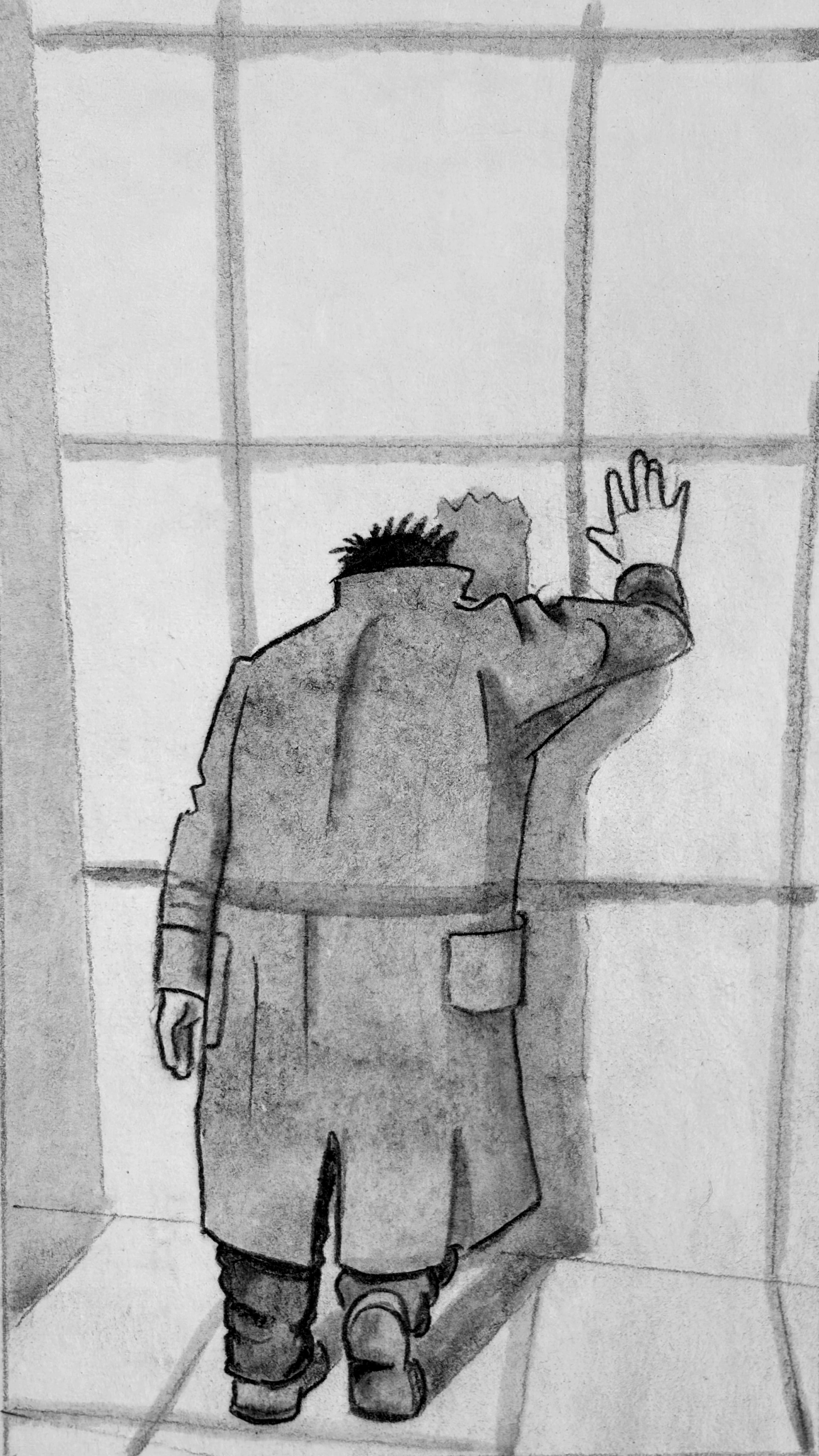 At ground level, the man leans against the wall, he's got matted hair and a long tattered coat.