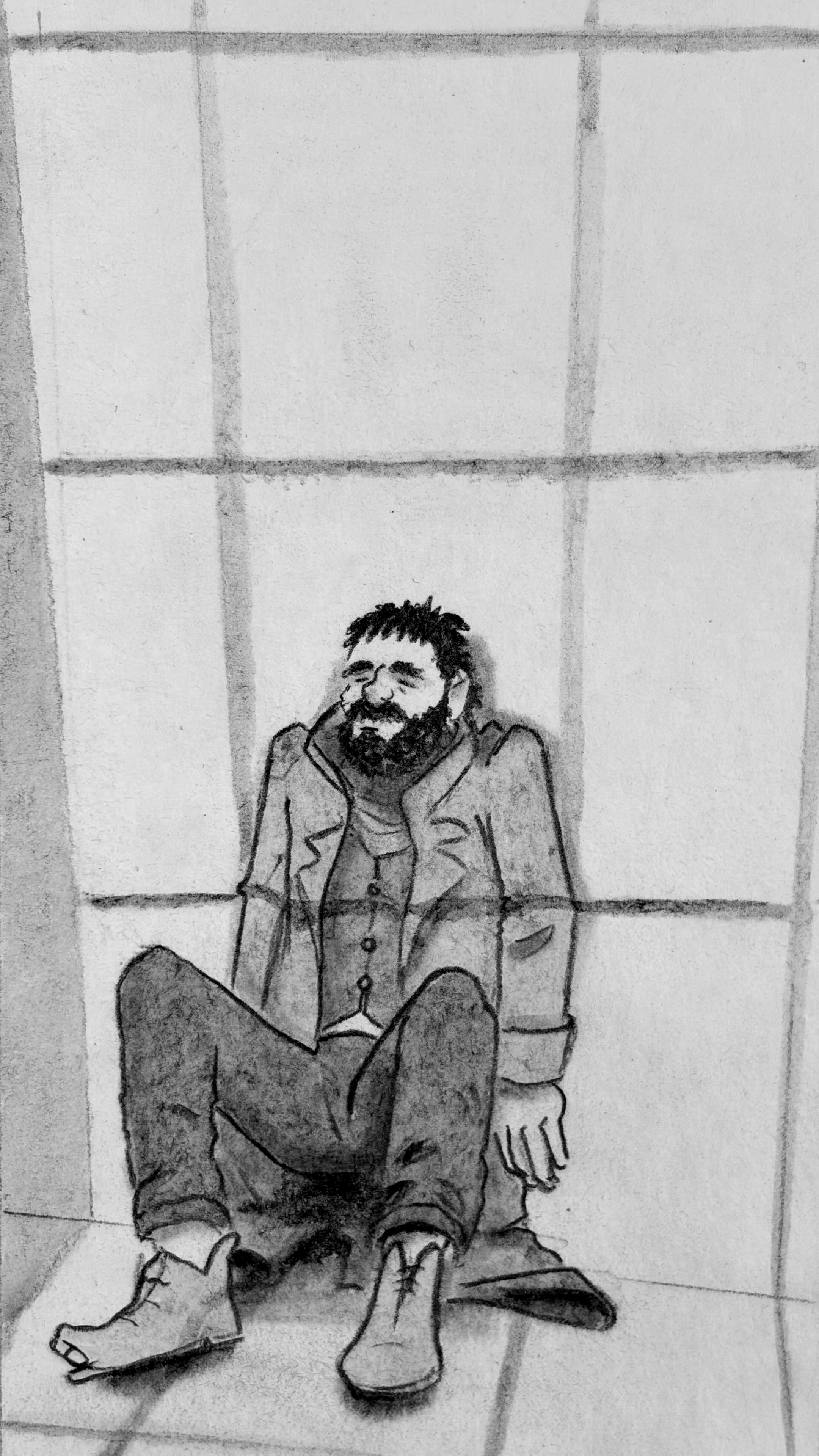 The man slides down the wall on his back, exhausted. He is illuminated by the moonlight outside with the window panes casting a shadow over him.