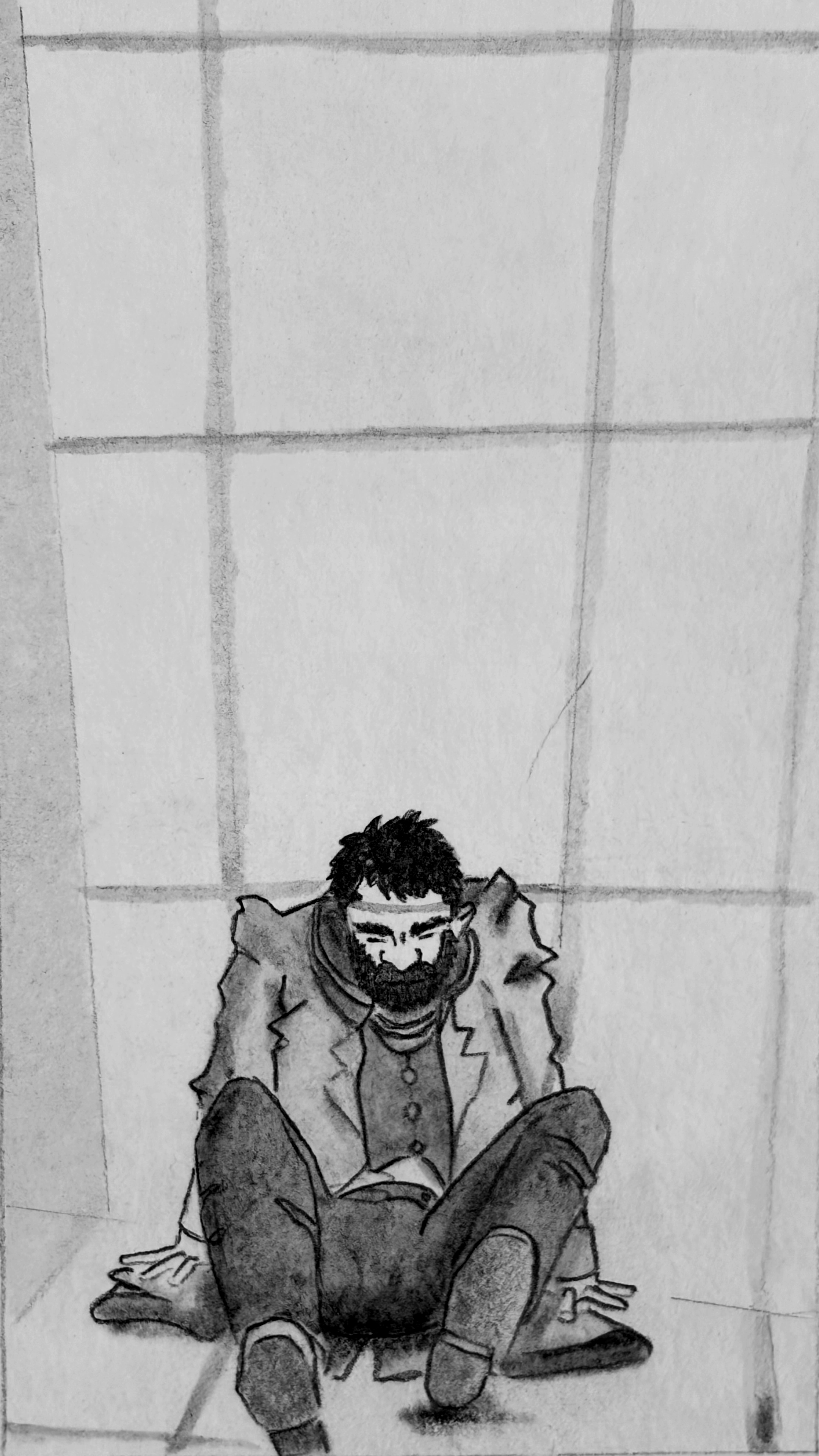 The man reaches the floor, exhausted.