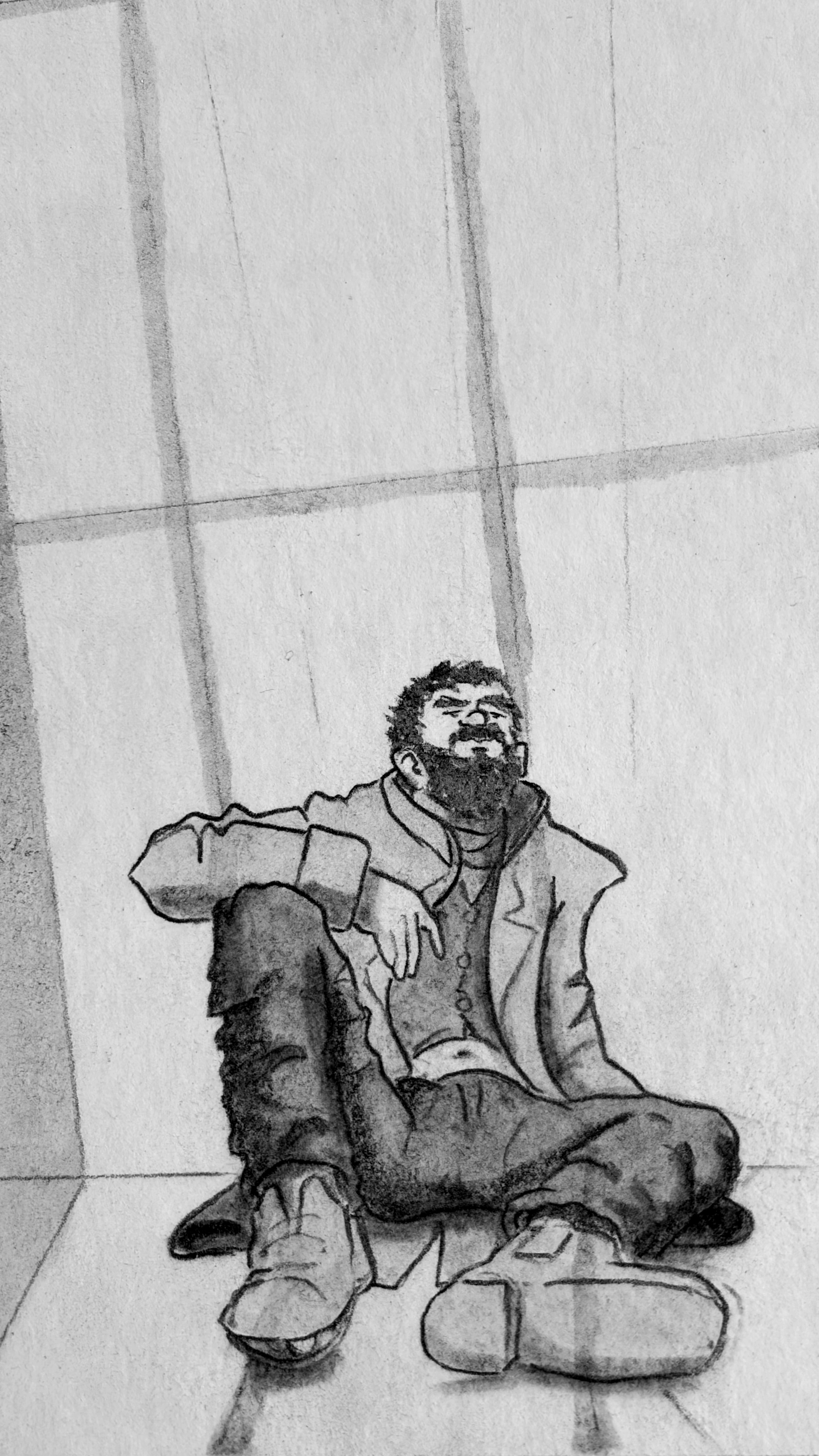 We get closer to Glyn as he sits on the floor.