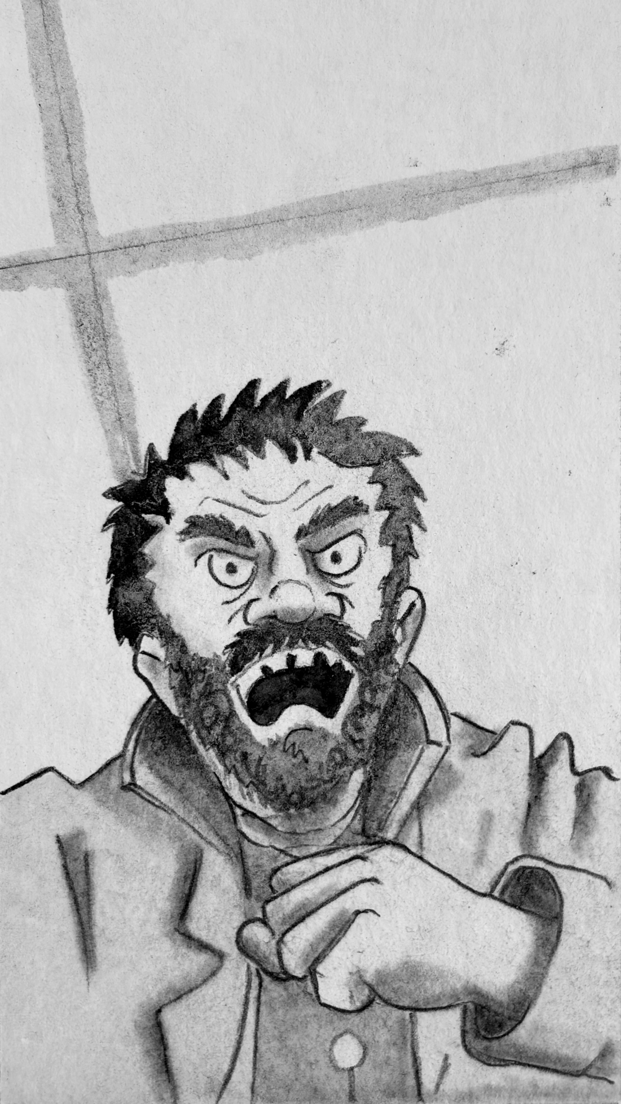 A close-up of Glyn as he clenches his fist in anger.