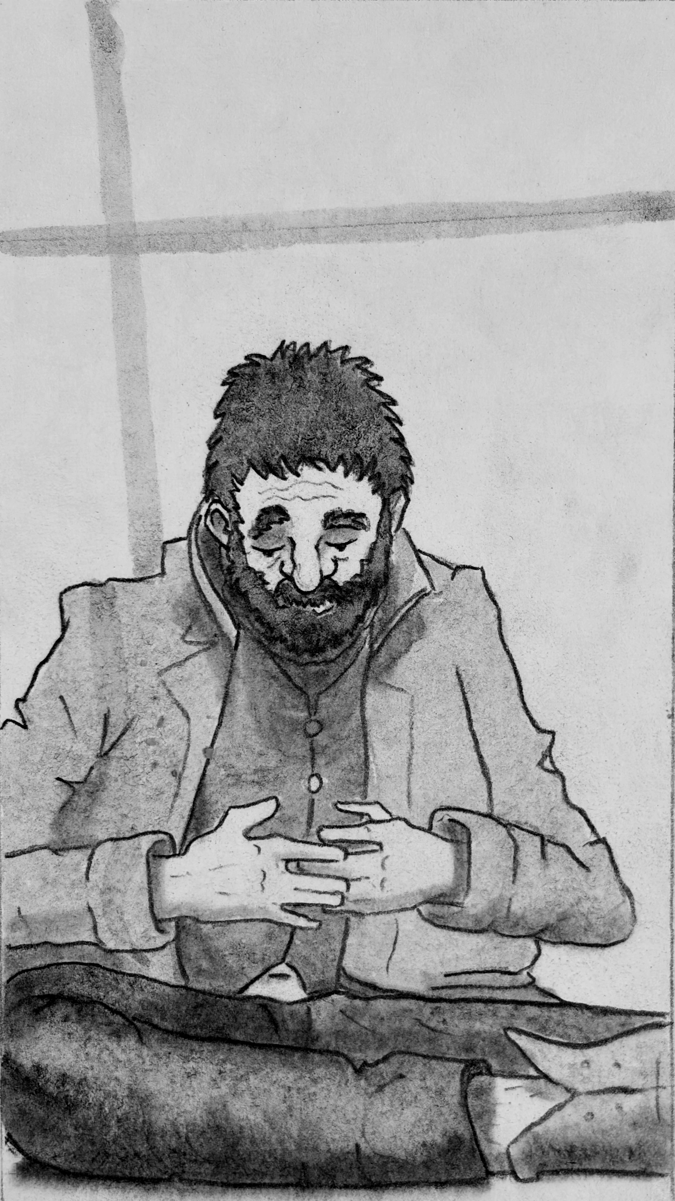 A midshot of Glyn grabbing his stomach in pangs of hunger.
