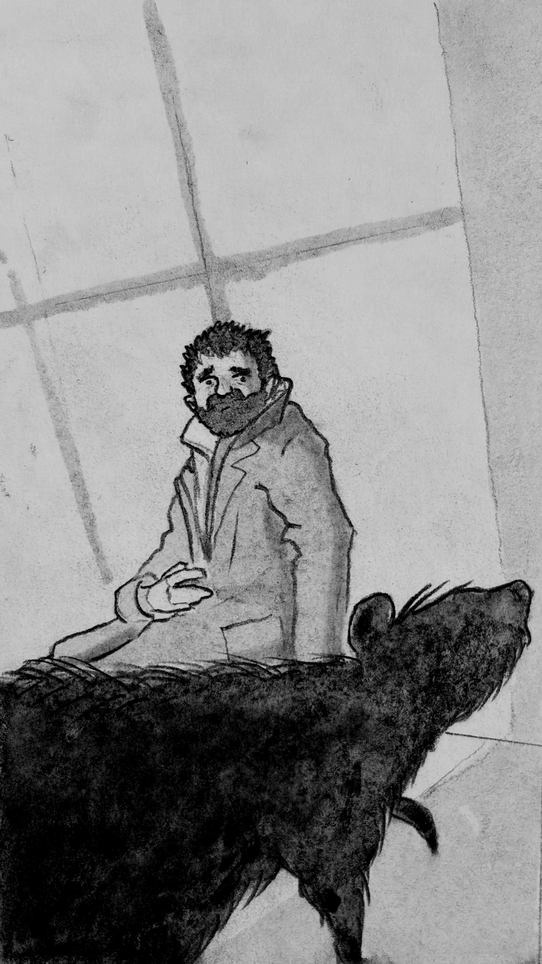 Glyn looks to his left. In the foreground a huge rat walks past, catching his attention.