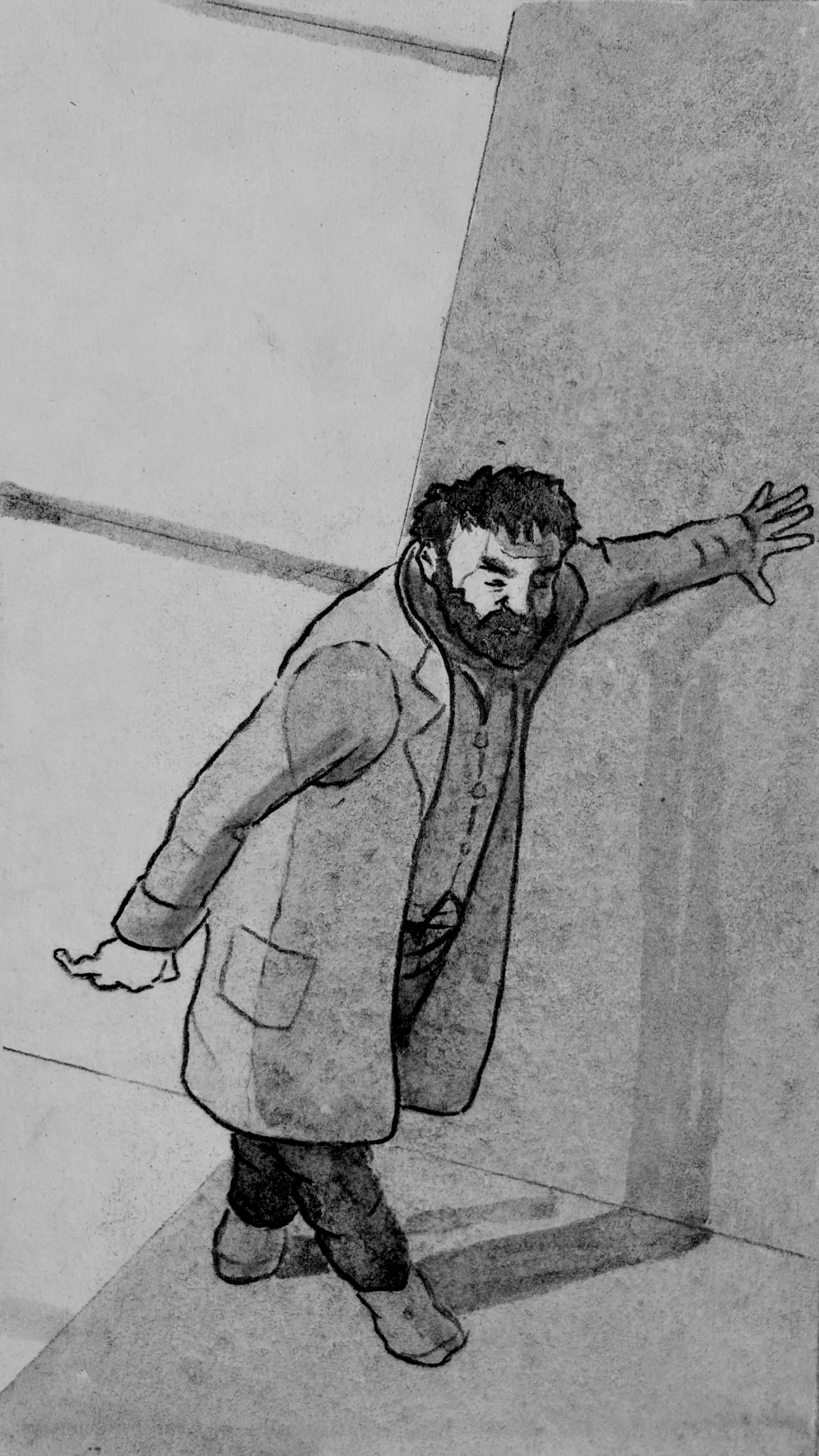 Glyn staggers along the wall, following the rat, holding his hungry stomach.