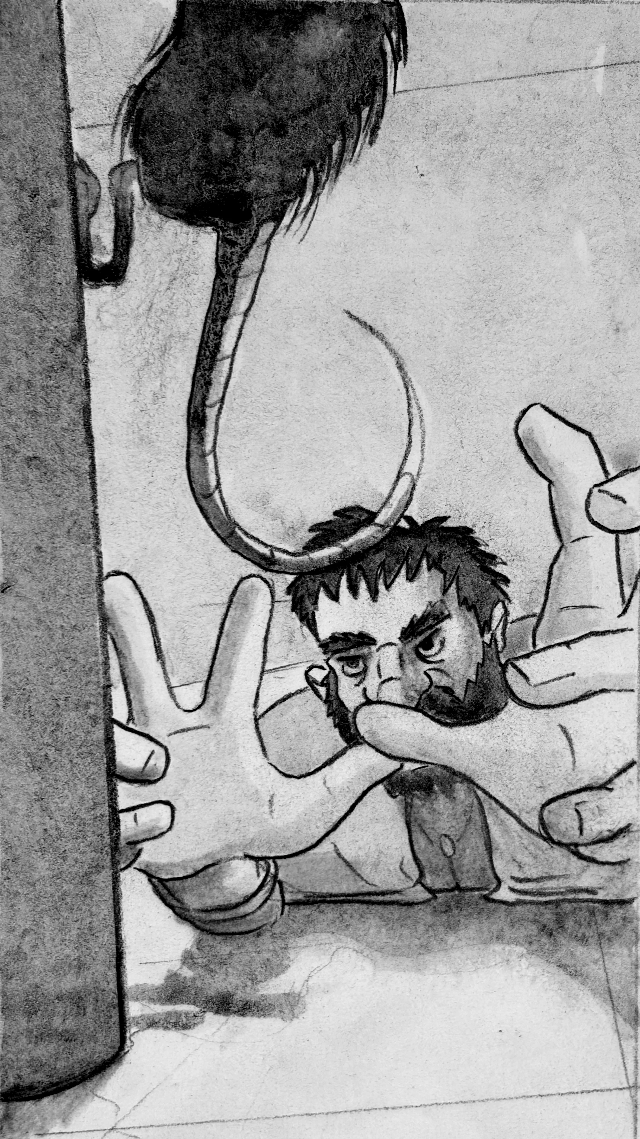 From a low angle, Glyn pounces towards us at the rat, but the rodent escapes up a pipe.