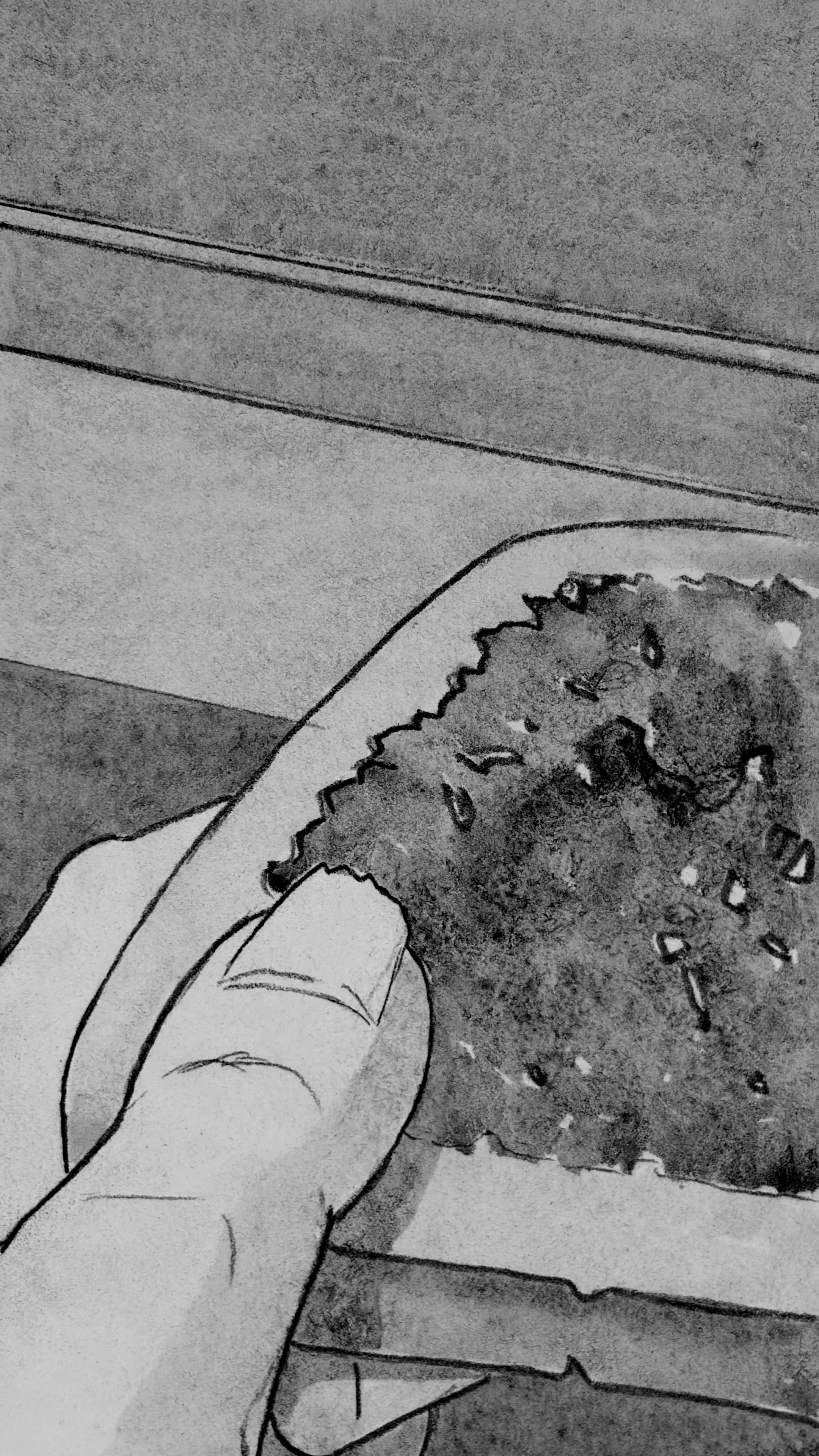 A close up of his hand grabbing an old slice of bread. There is a dark paste on it.