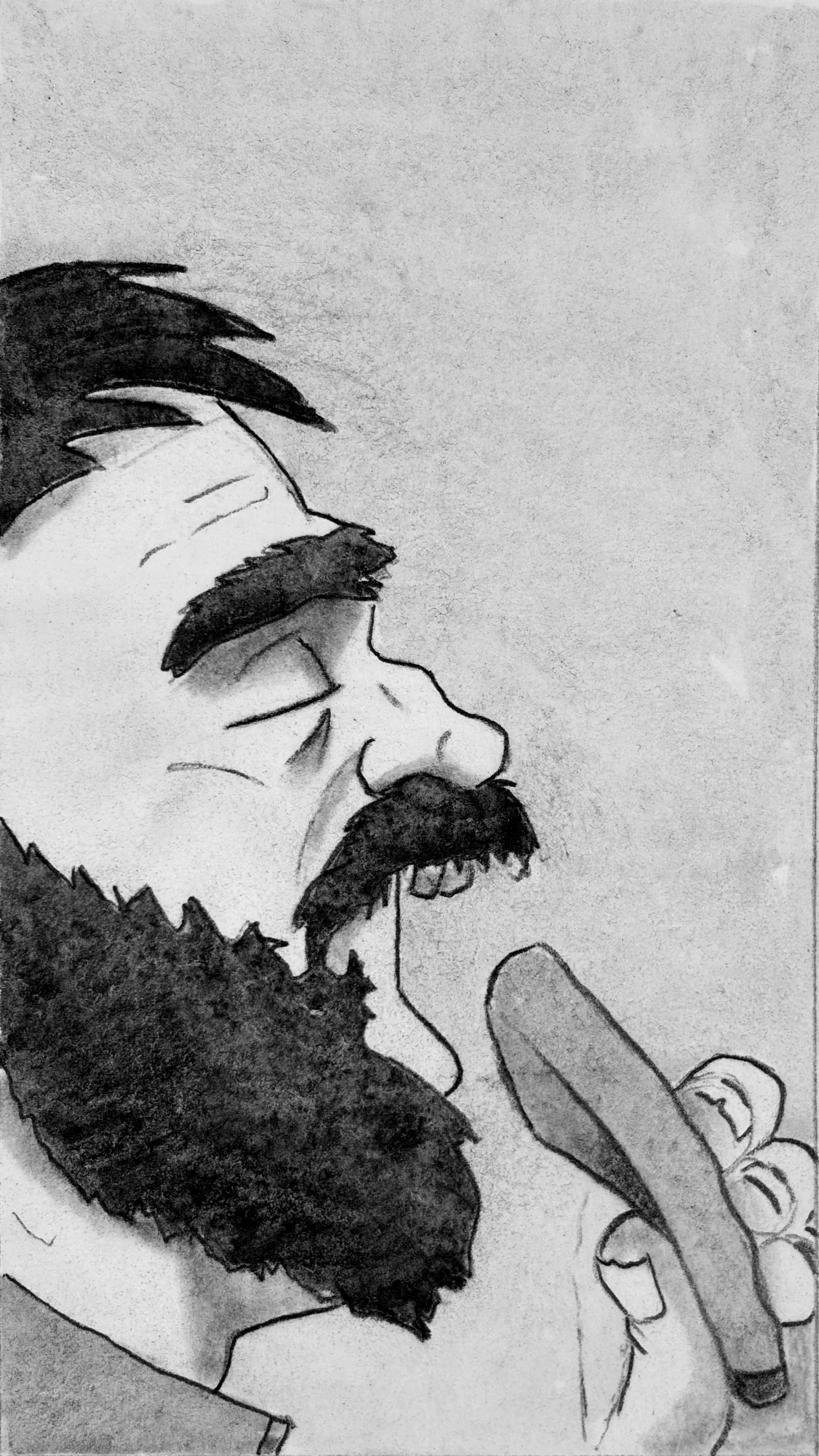 A close up profile of Glyn as he opens wide to eat the bread.