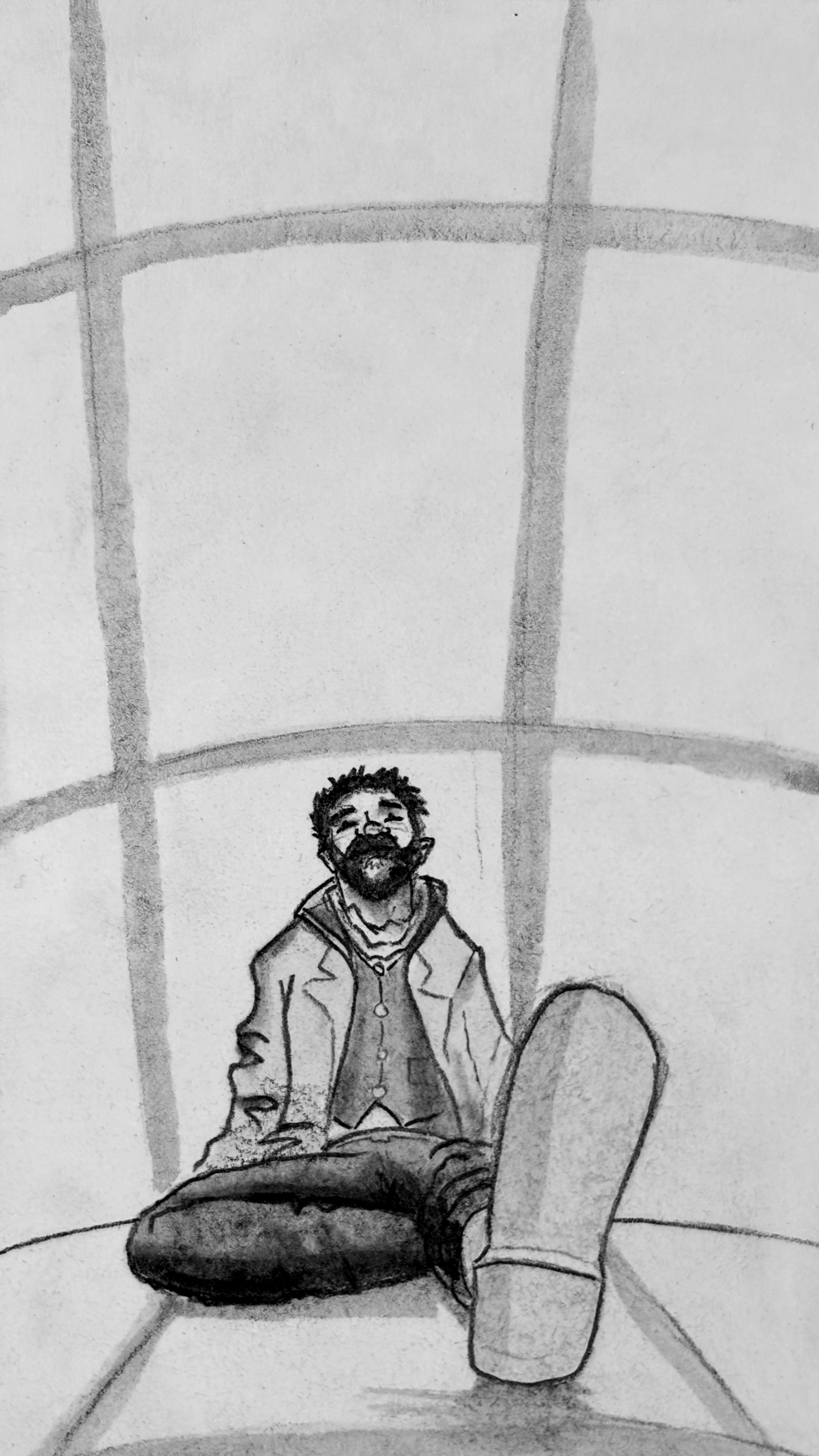 A distorted low angle wide shot of Glyn leading against the wall, feeling unwell. The floor and the shadow of the window are all curved.