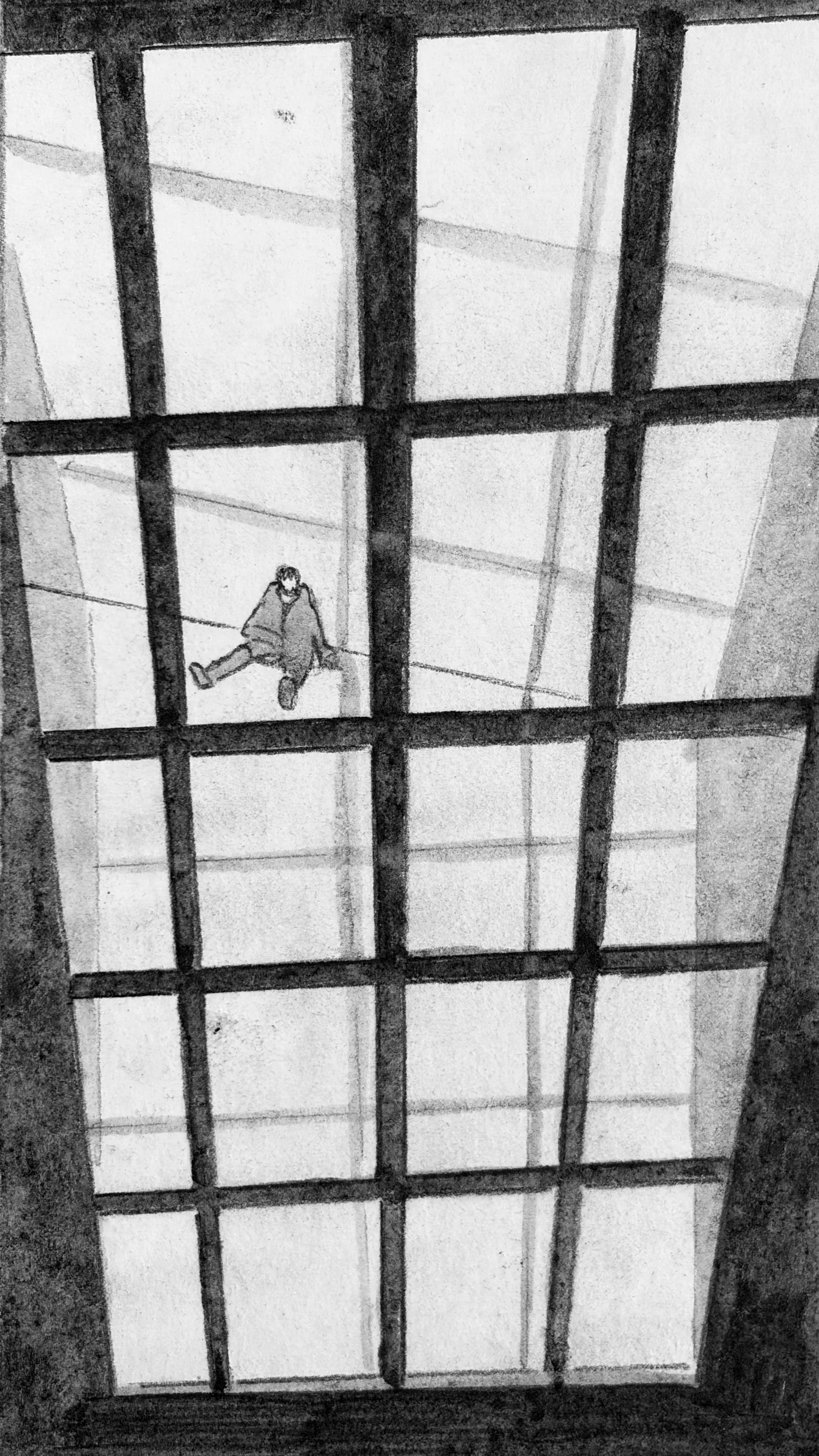 Another dramatic angle through the tall warehouse window, looking down at Glyn. Bombs explode nearby.