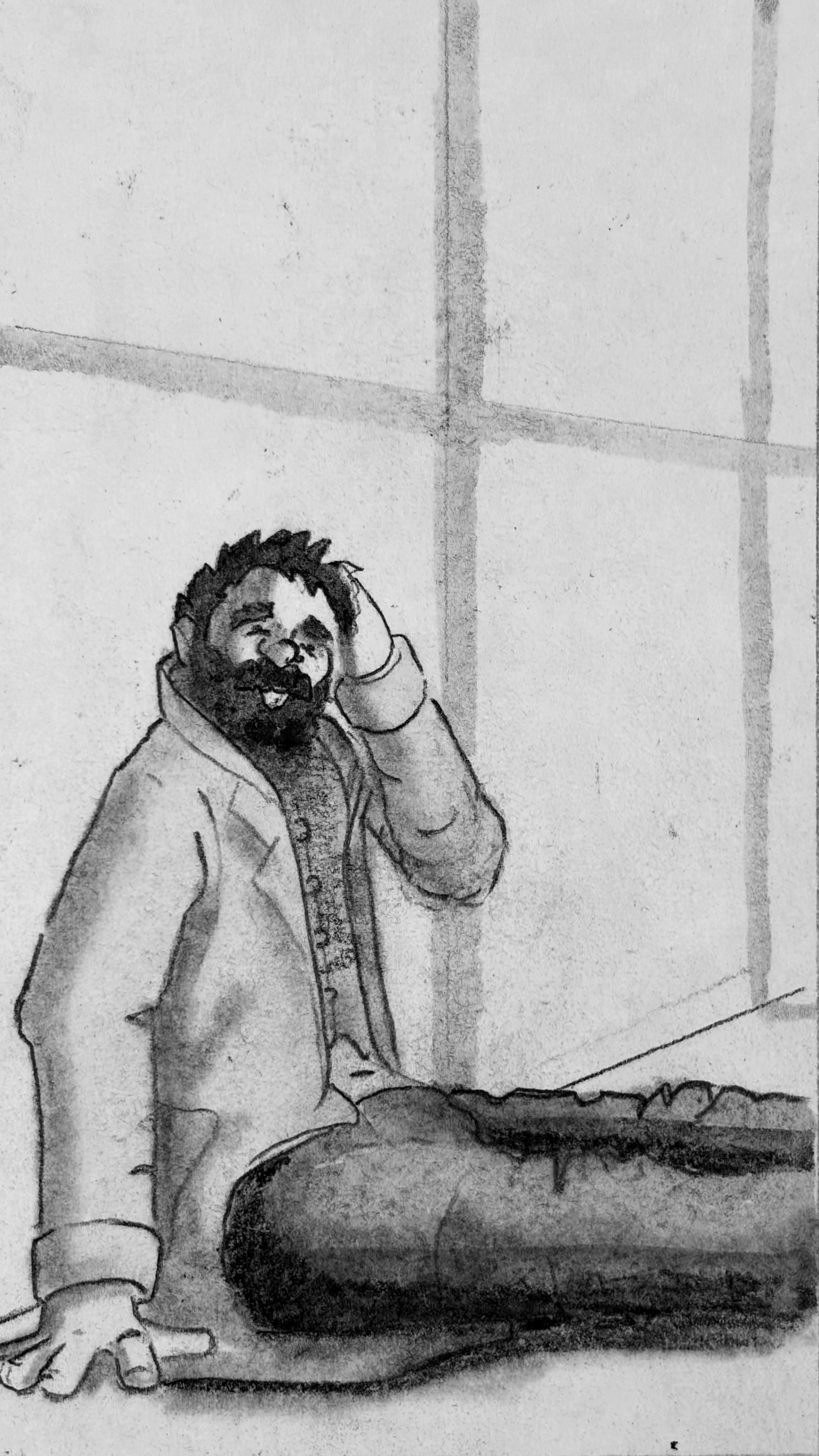 At ground level, Glyn leans against the wall, rubbing his head, concern written over his face.