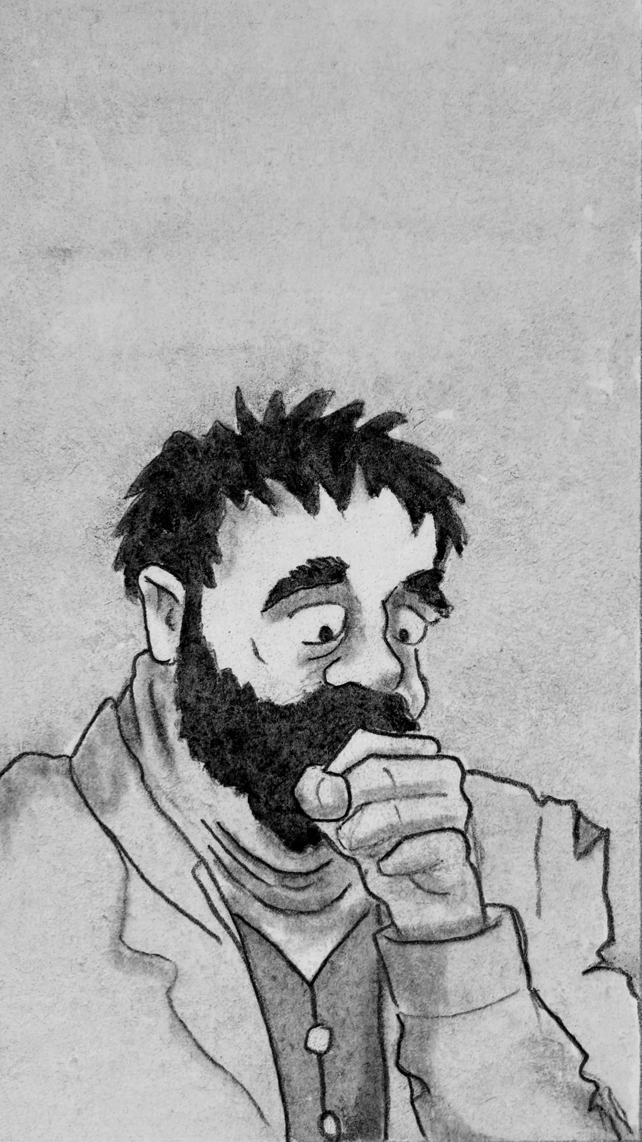 A close-up of Glyn as he holds his hands up to his mouth to catch a burp.