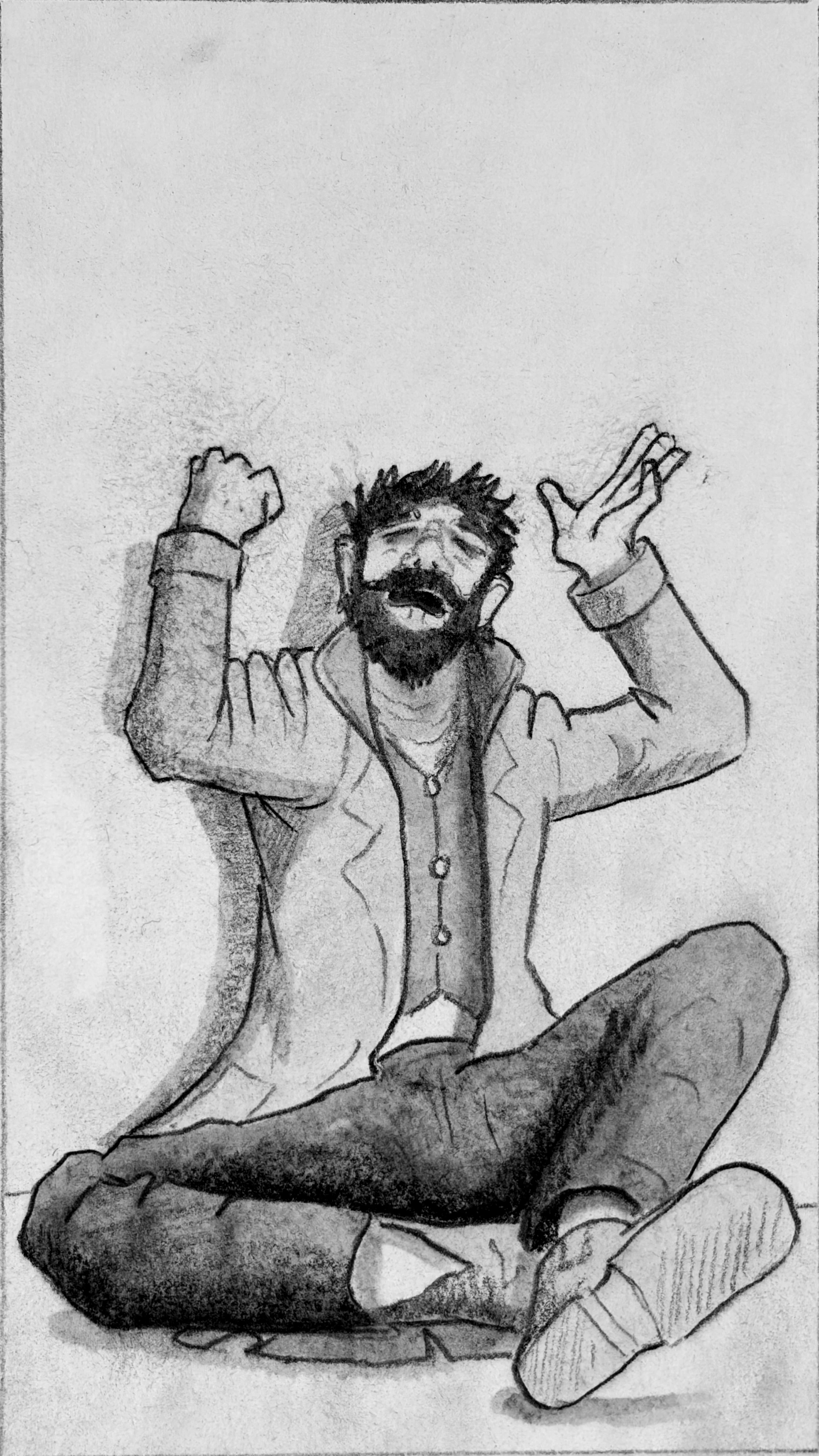 A wider shot of Glyn, his hands reaching up into the sky.