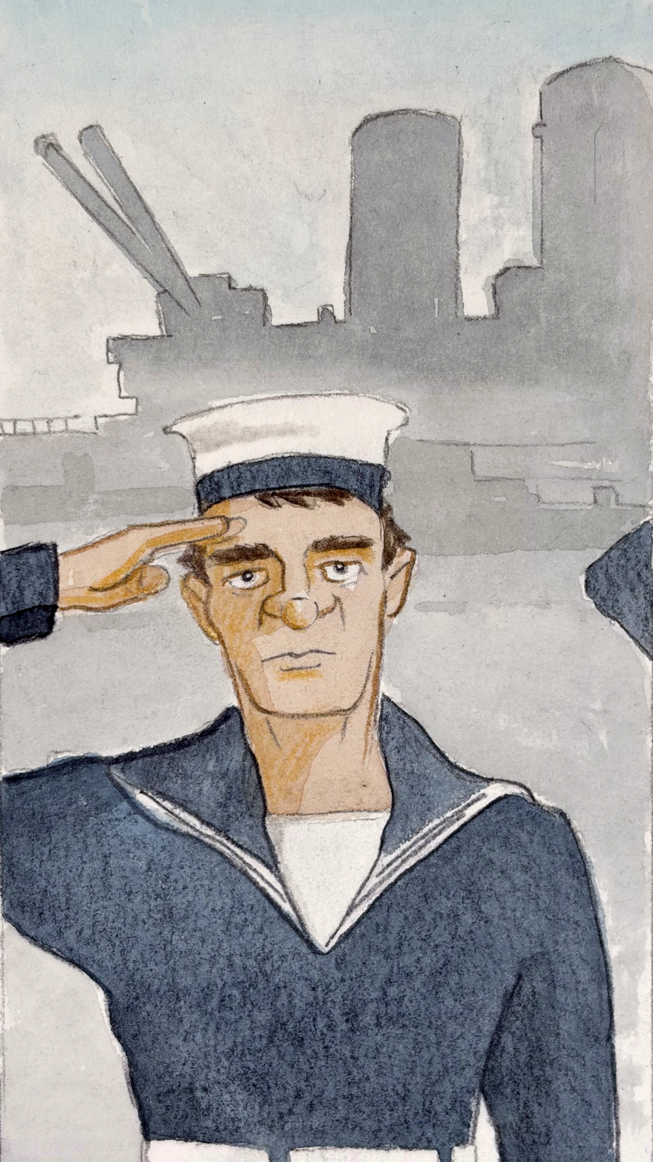 A full colour panel shows Glyn as a handsome young sailor before a battleship, saluting.