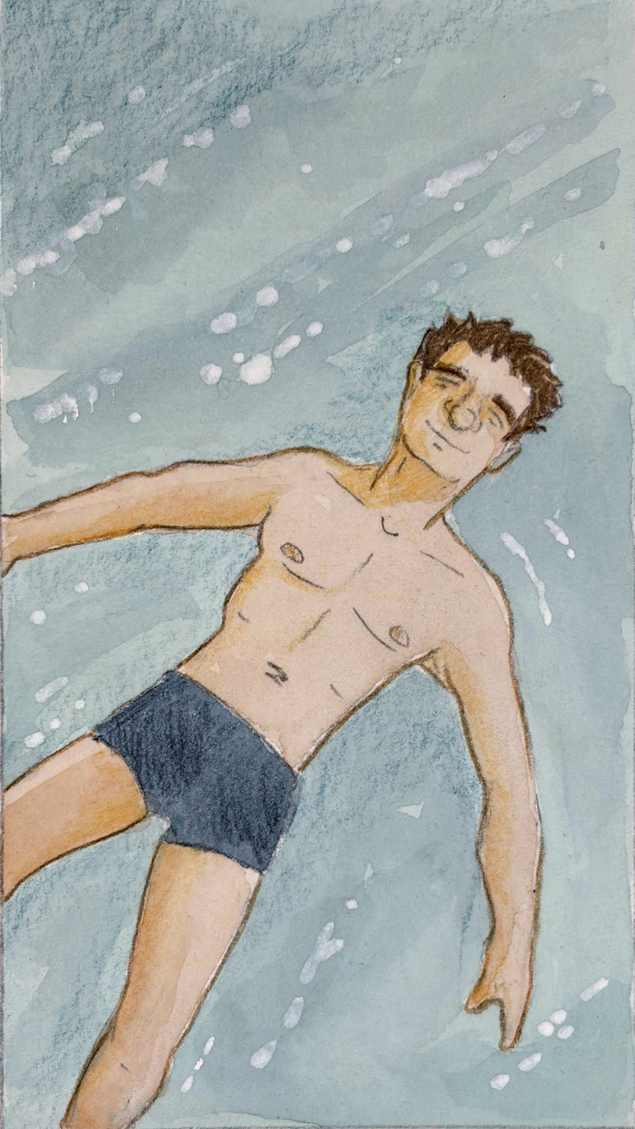 A full colour panel looks down on Glyn floating in warm calm waters, his eyes closed.