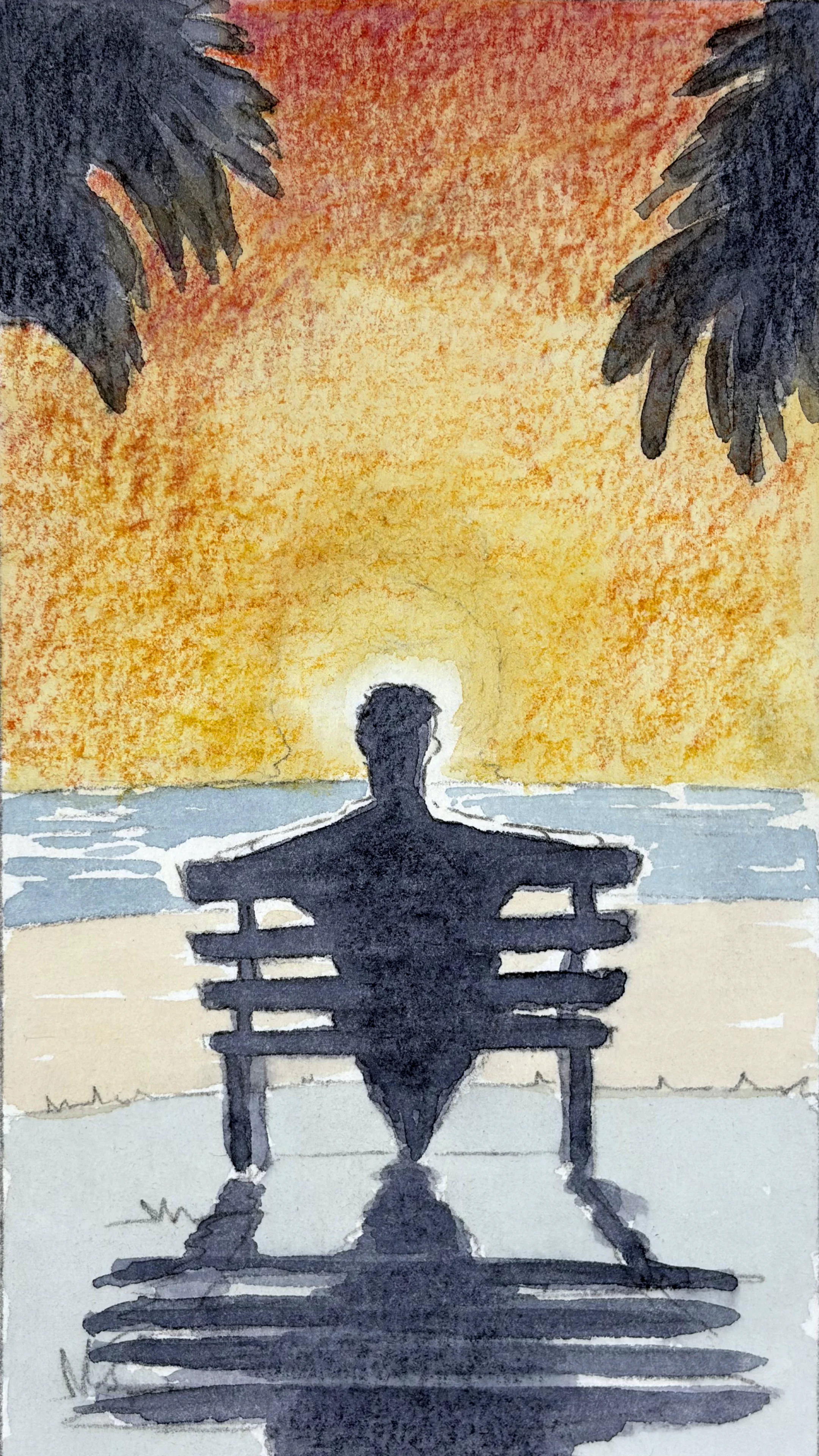 A full colour panel shows Glyn relaxing on a bench, overlooking a Spanish beach at sunset.