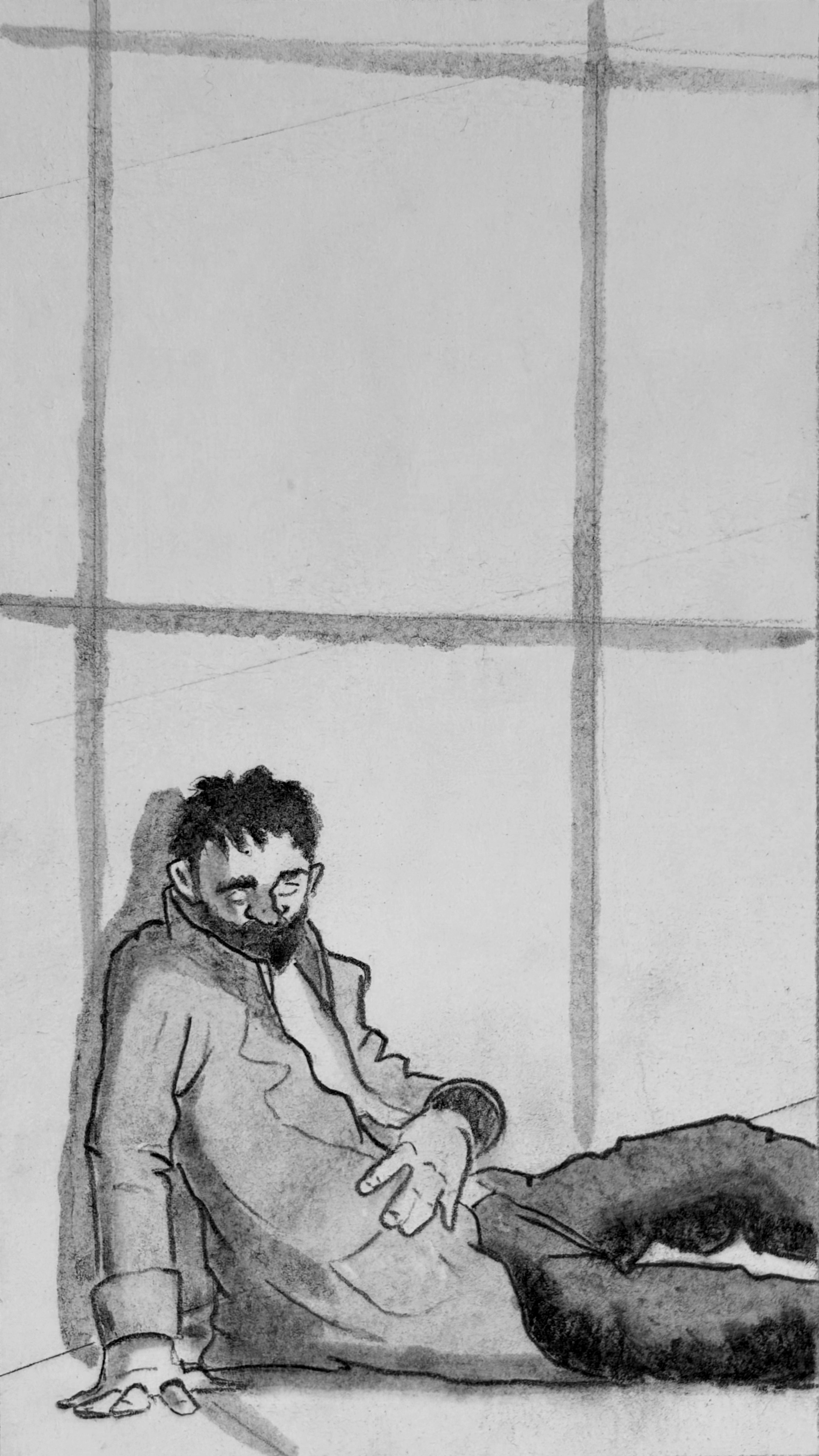 Back in the black and whit warehouse, Glyn is slumped against the wall, his head sagging.