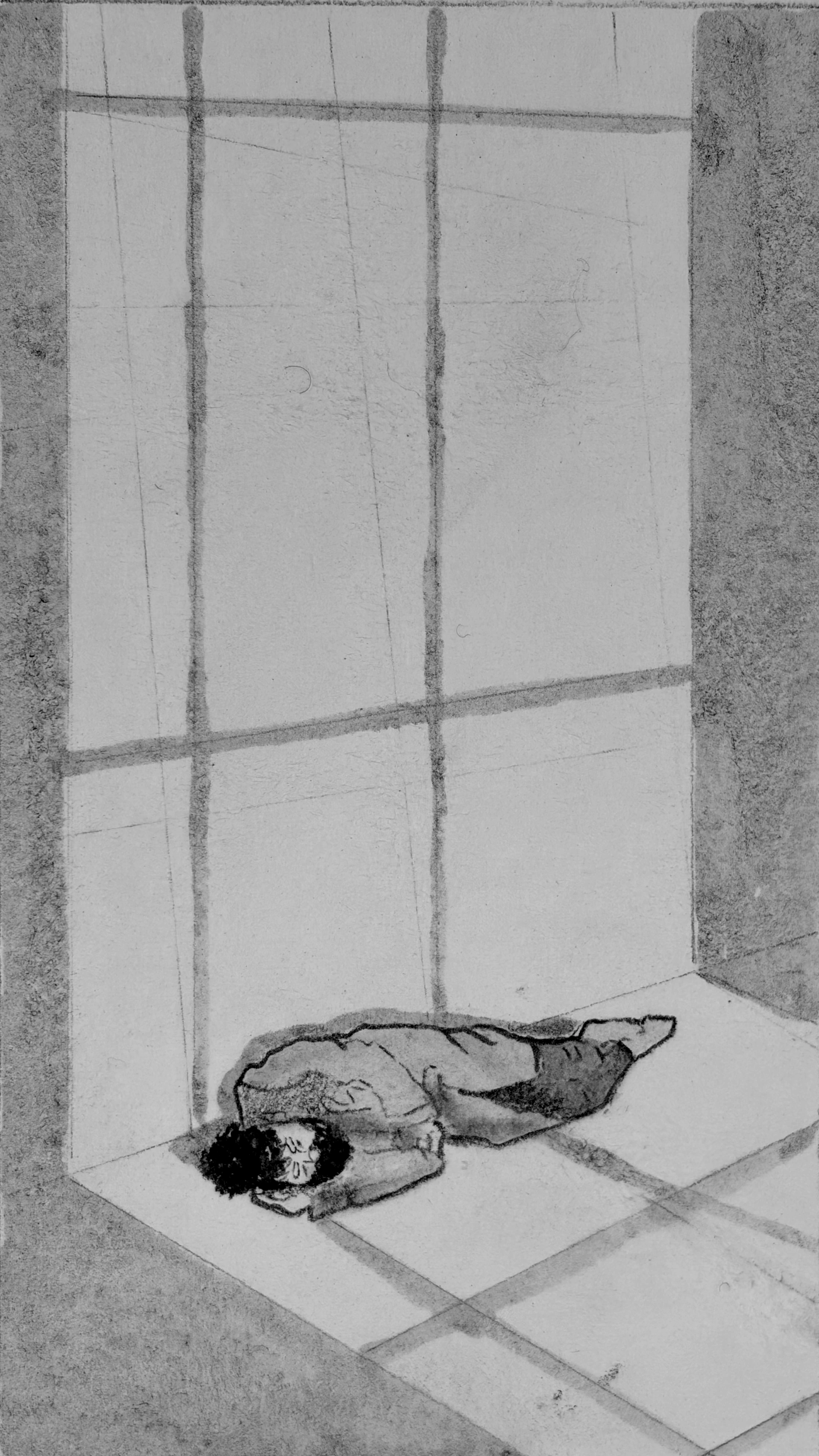 Glyn curled up in the faetal position on the floor of the warehouse, against the wall.