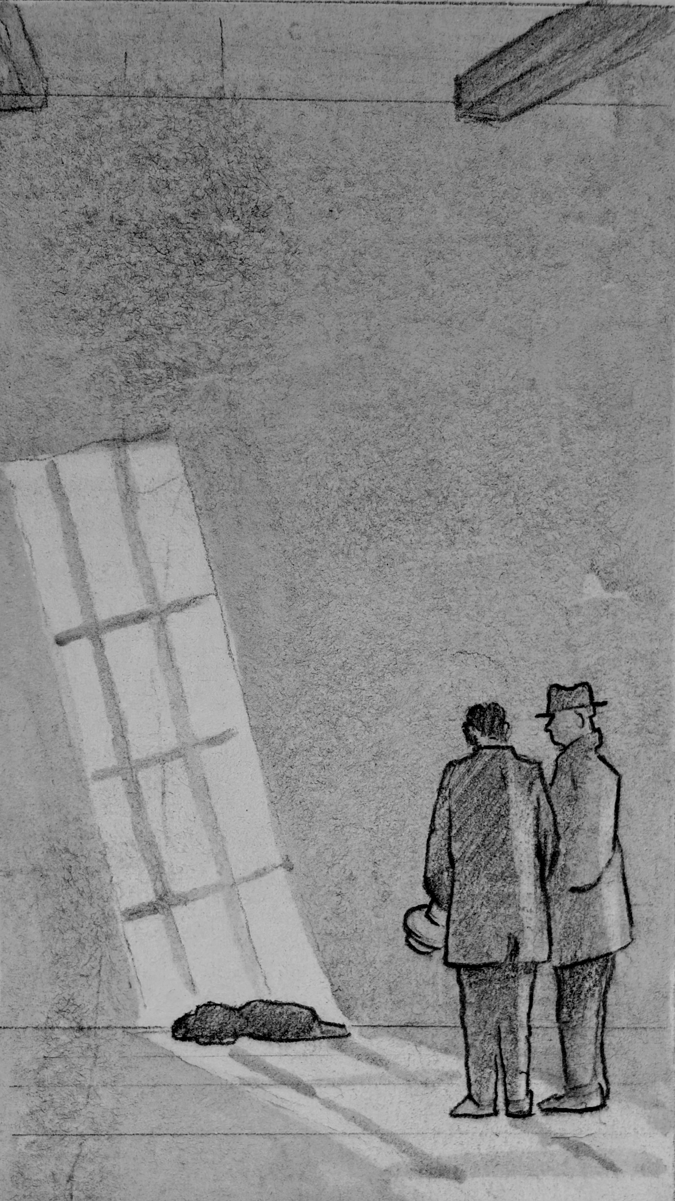 A wide shot of the warehouse in daylight. Glyn's body is against the wall in the background. In the foreground we see two men in long coats.
