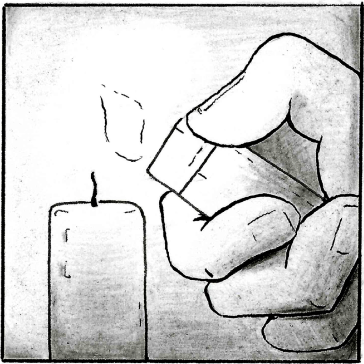 Close up of a hand holding a lighter. The flame is lit to ignite a candle.