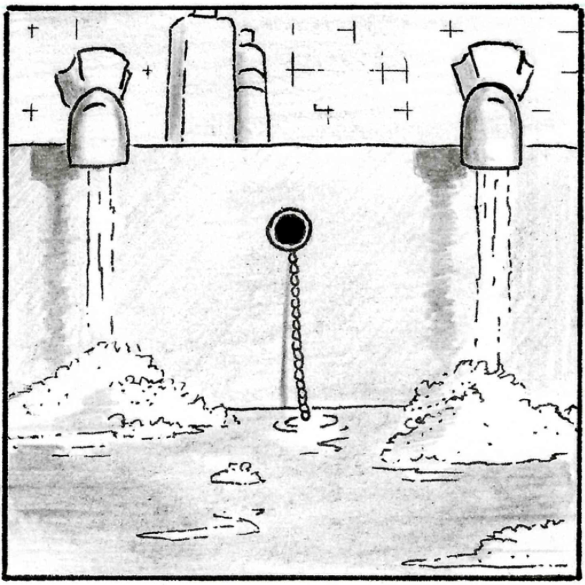 A closeup of two taps running to fill a bathtub.