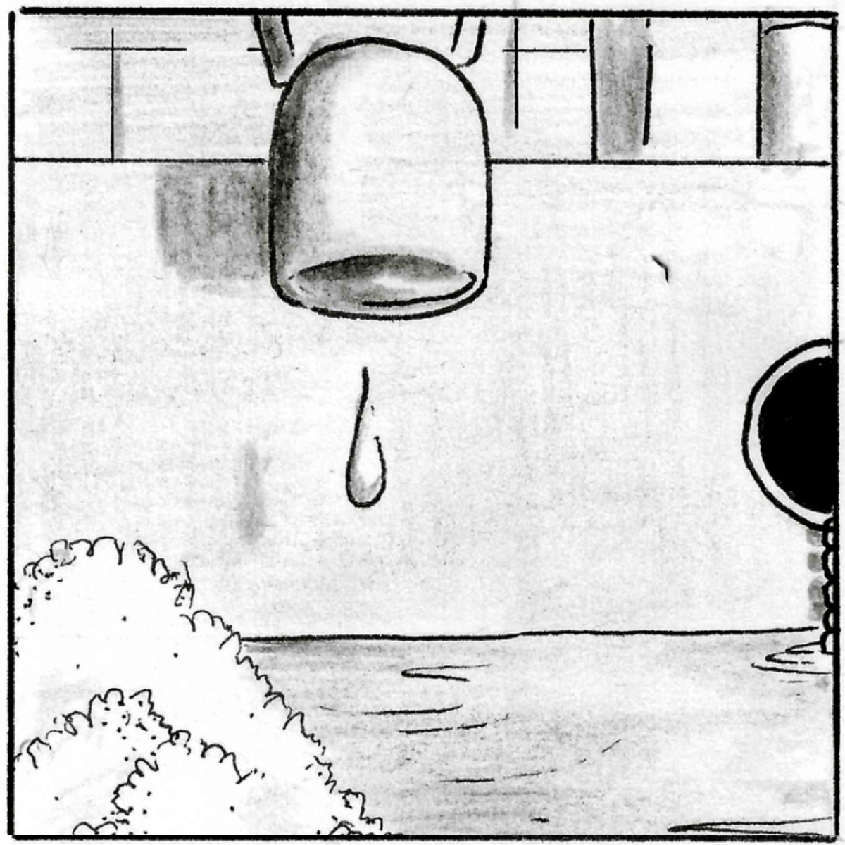 An extreme close up of one bathtap, now closed, slowly dripping water into the full bathttub.