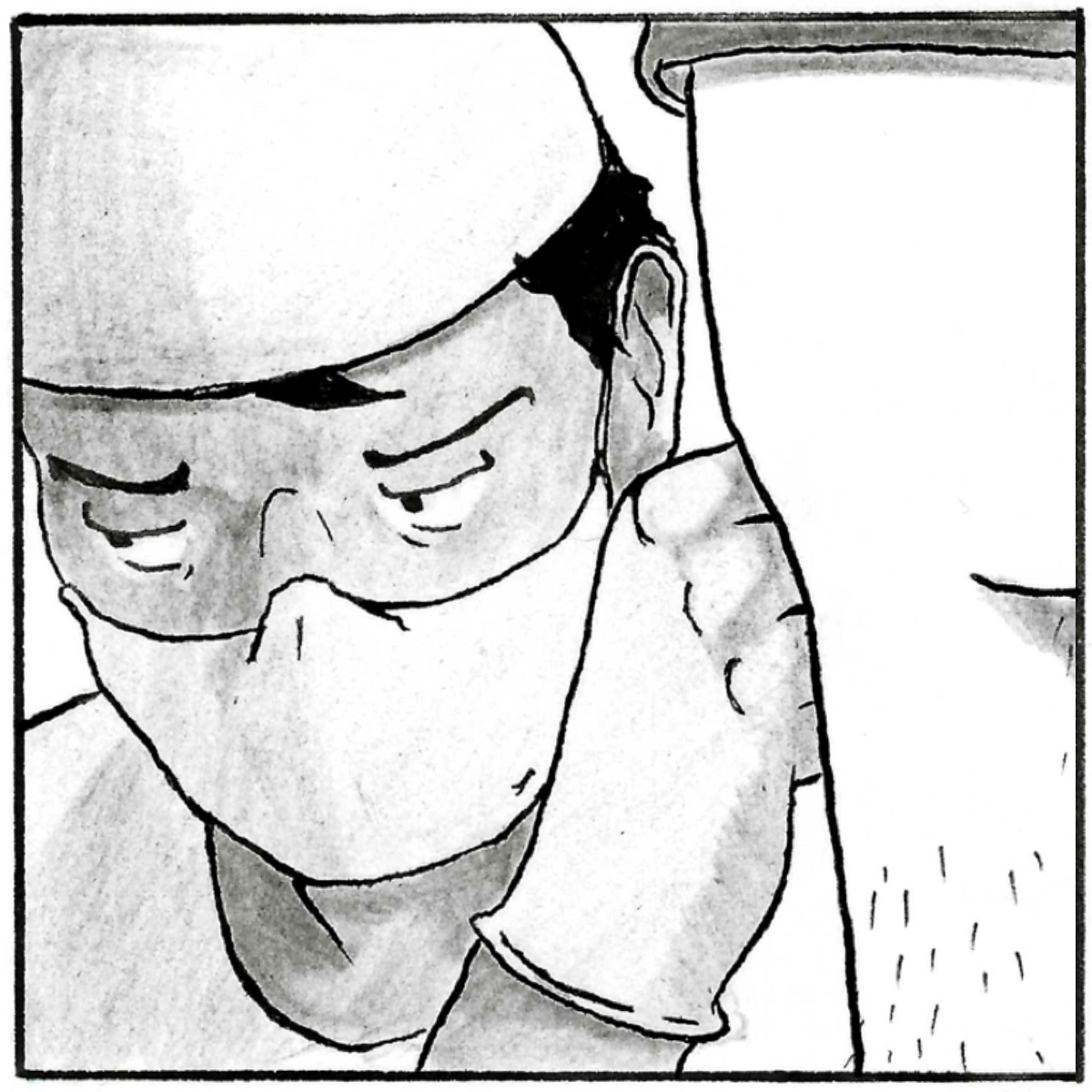 A close up of a masked doctor's face as he examines Adam's testicles