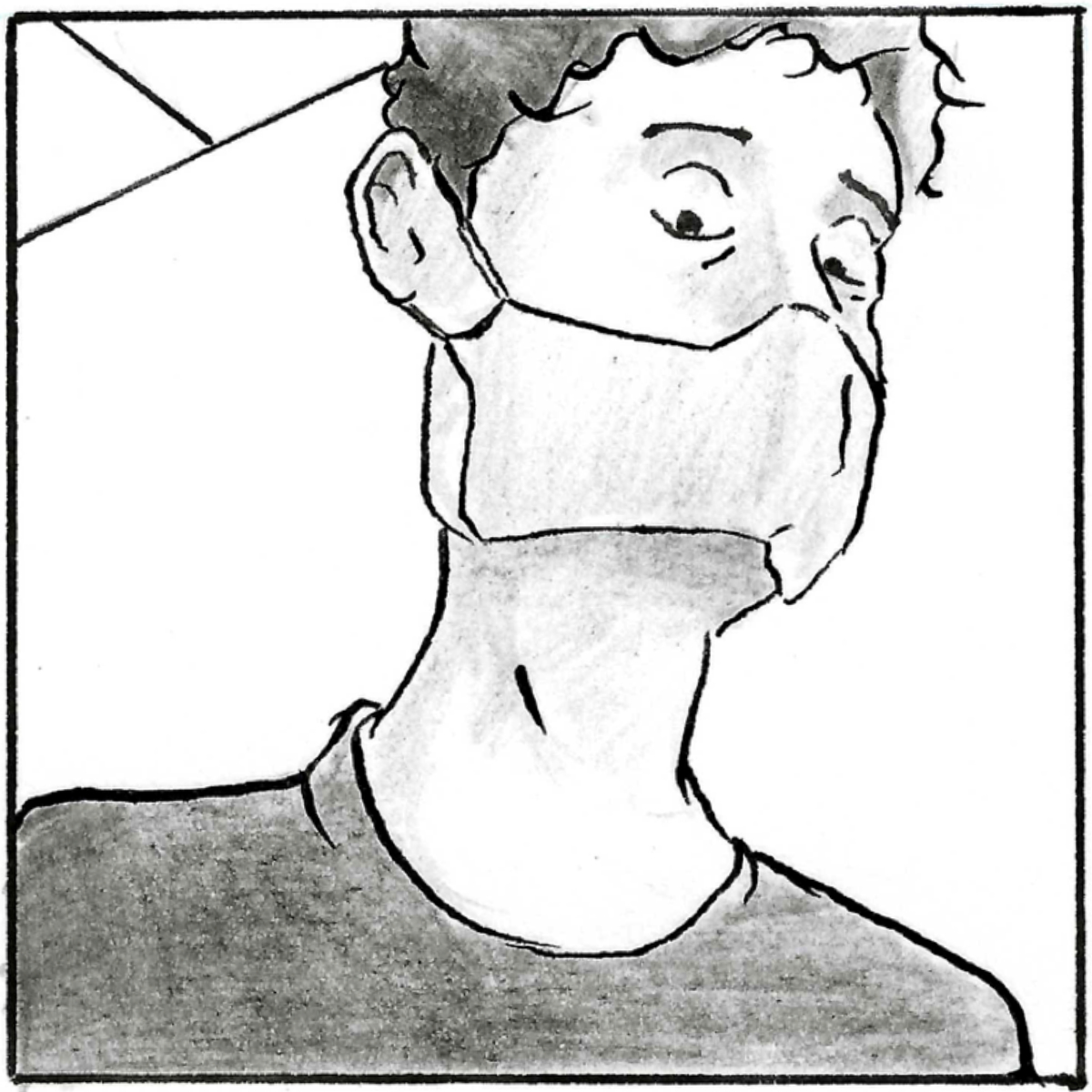 A low angle mid shot of Adam looking down at the doctor, he is also wearing a facemask.