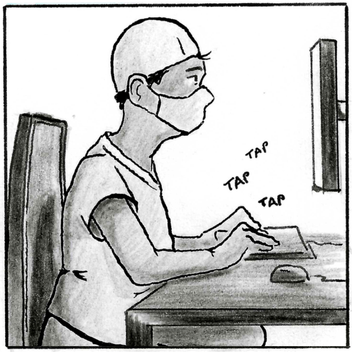 A profile midshot of the doctor as he types his notes into a computer. SFX 'tap tap tap'.