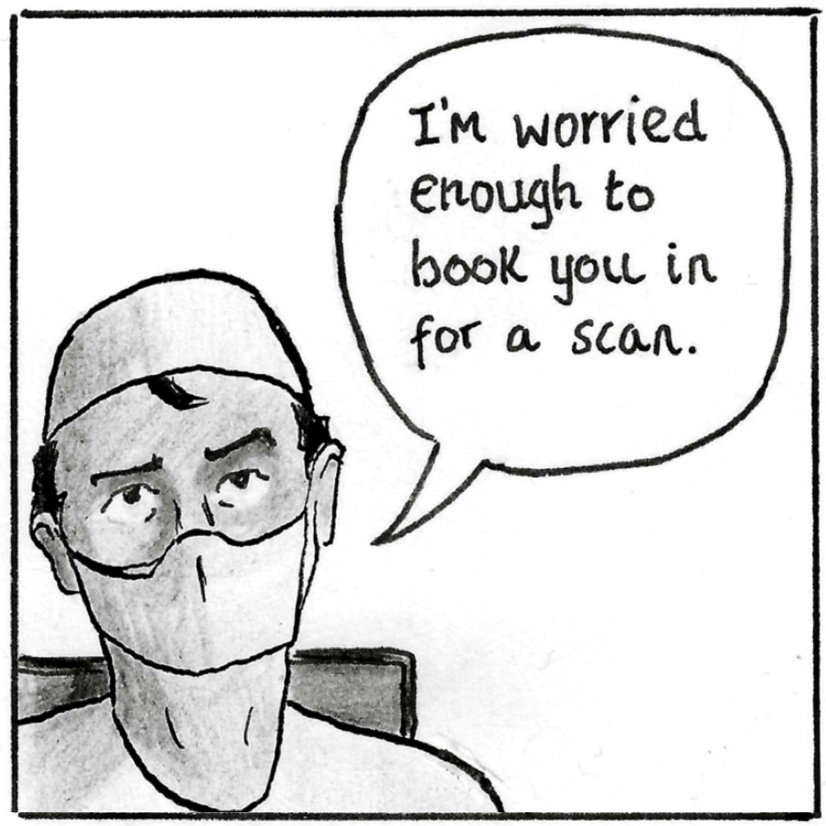 A close up of the doctor as he says 'It'll be called a cancer referral but don't be alarmed - it's just the only pathway I have available.'