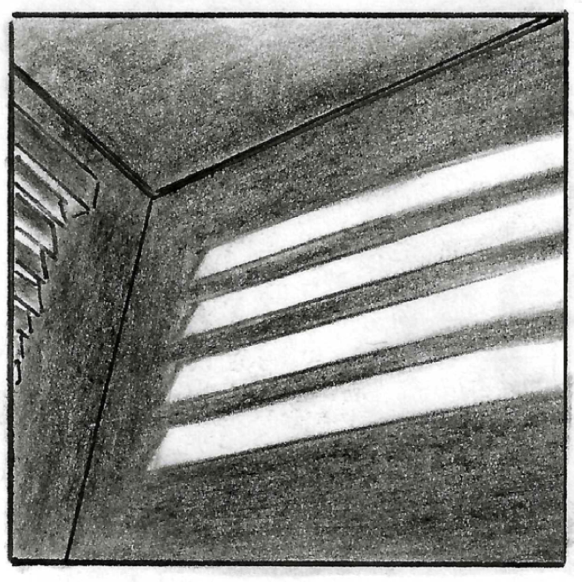 A bedroom at night, angled up at the ceiling as beams of moonlight shine through venetian blinds onto the walls.