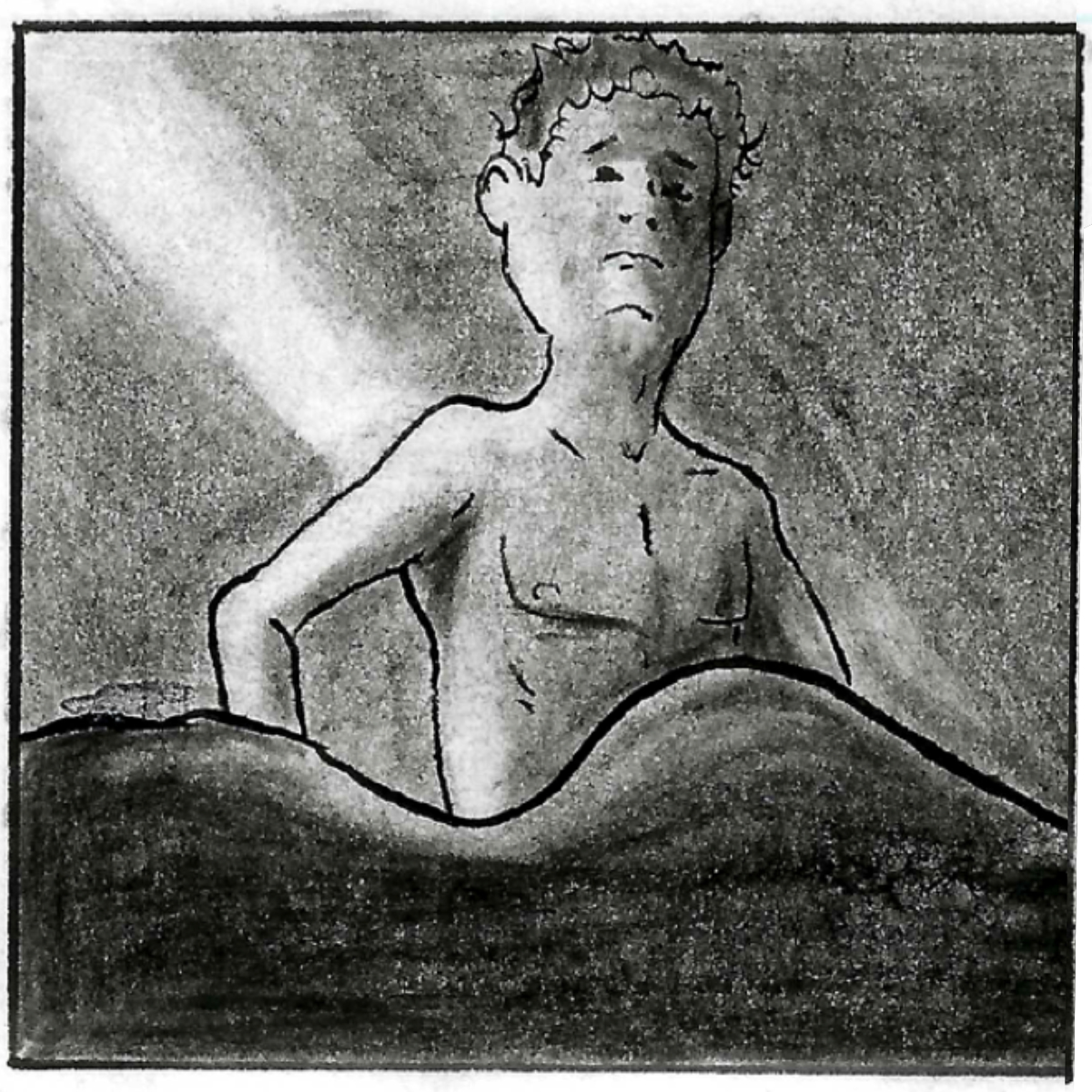 A midshot of Adam, sitting up in bed. He is look towards us, at the silhouette of his sleeping girlfriend in the foreground.