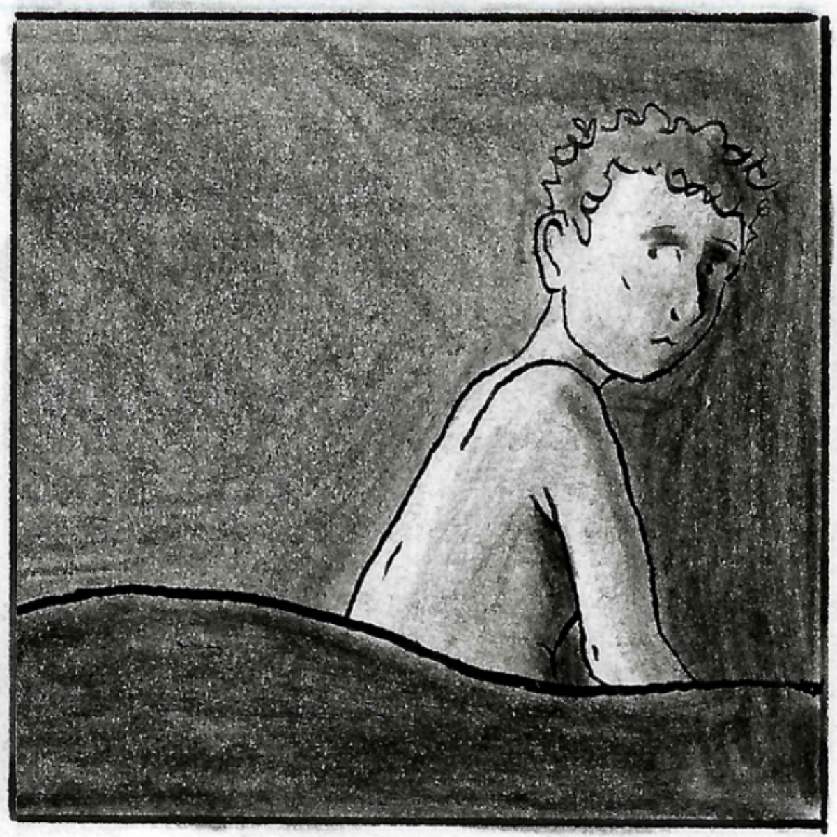 The same midshot of Adam as behore. He has moved to the end of the bed and looks back over his shoulder at his sleeping girlfriend.