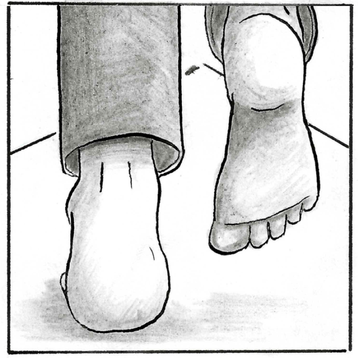 A low angle close up of Adam walking in barefeet down a long corridor. He is in his pyjamas.