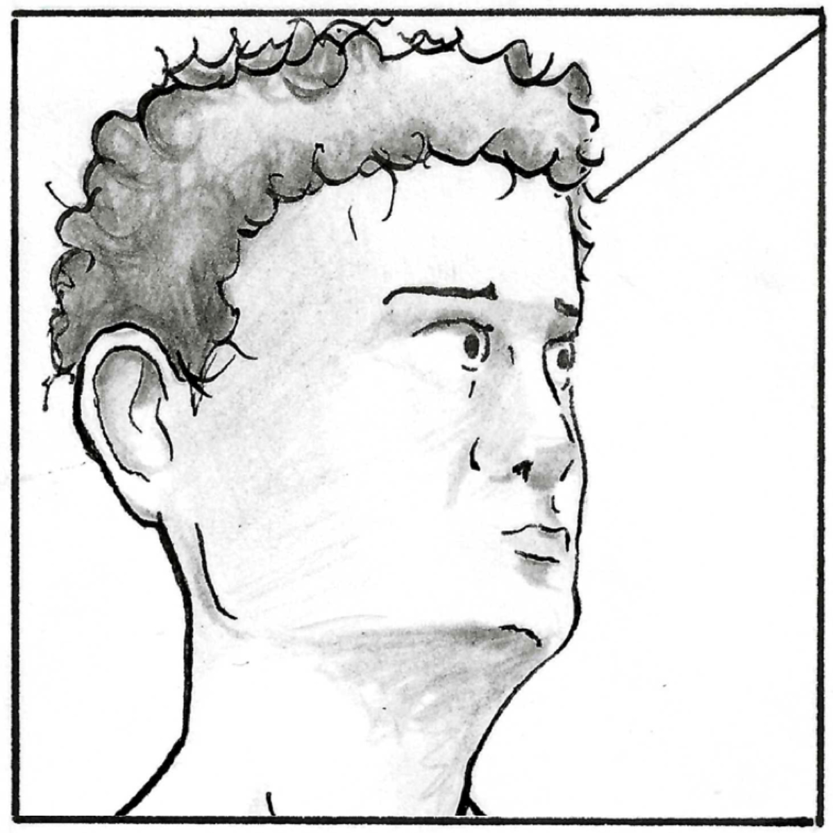 A medium close up of Adam's face, as he stops at one of the doors along the corridor.