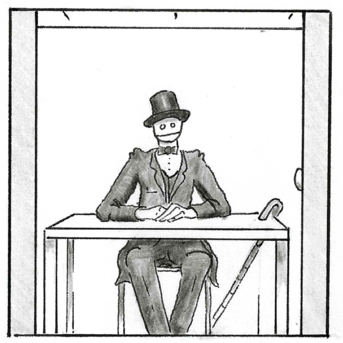 The opens wider and we step into the room. He is seated behind a table with a cane resting against it. We see his features more clearly. He has thin straggly hair, empty white sockets for eyes and his mouth is one long stitched scar across his pallid face.