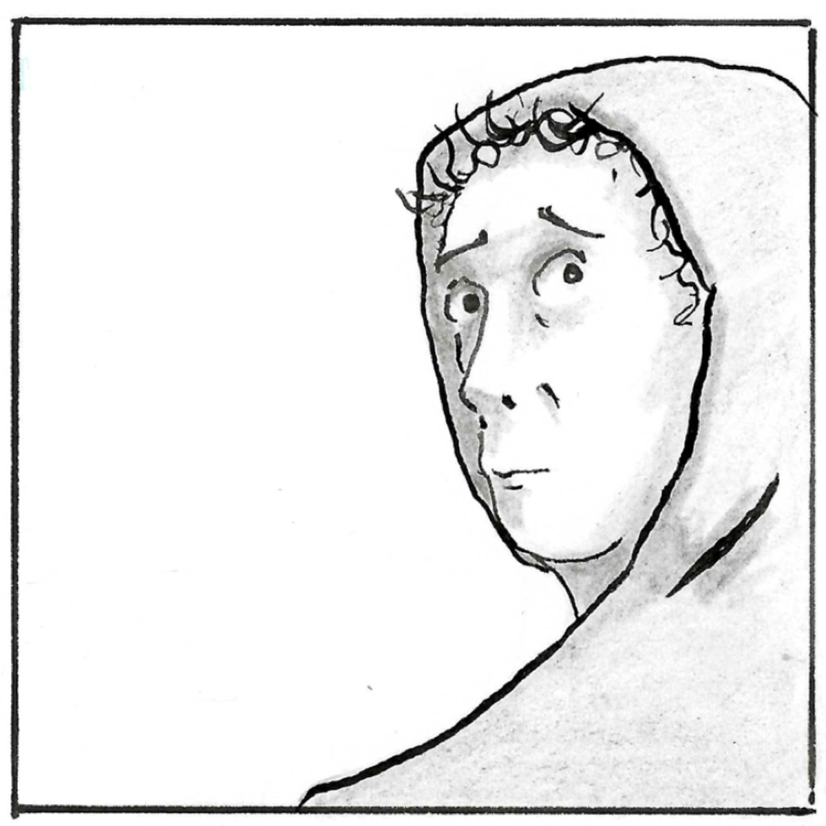 A medium close up of Adam from behind, wearing a hoodie,looking over his shoulder.