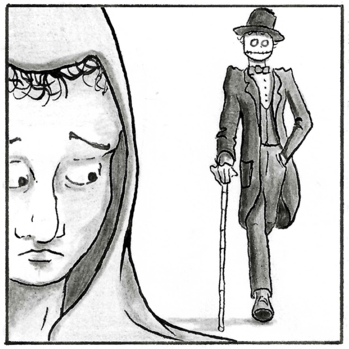 In the foreground Adam keeps walking, looking concerned. In the background we can see Death strolling casually behind him.