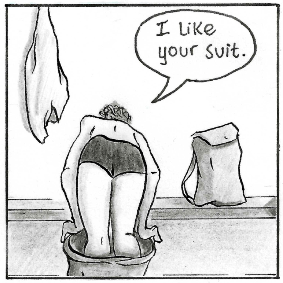 A midshot of Adam in the changing room, pulling down his tracksuit bottoms. He says to death 'I like your suit.' 