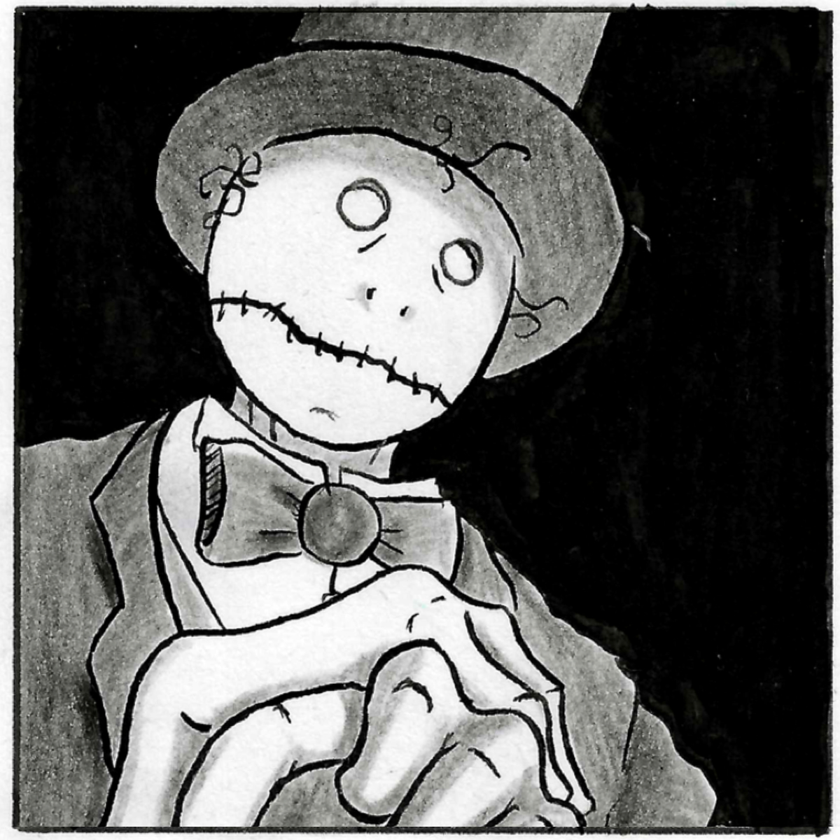 An eerie low angle closeup of Death, watching Adam. The background is pure black and Death's eyes are empty and hollow.