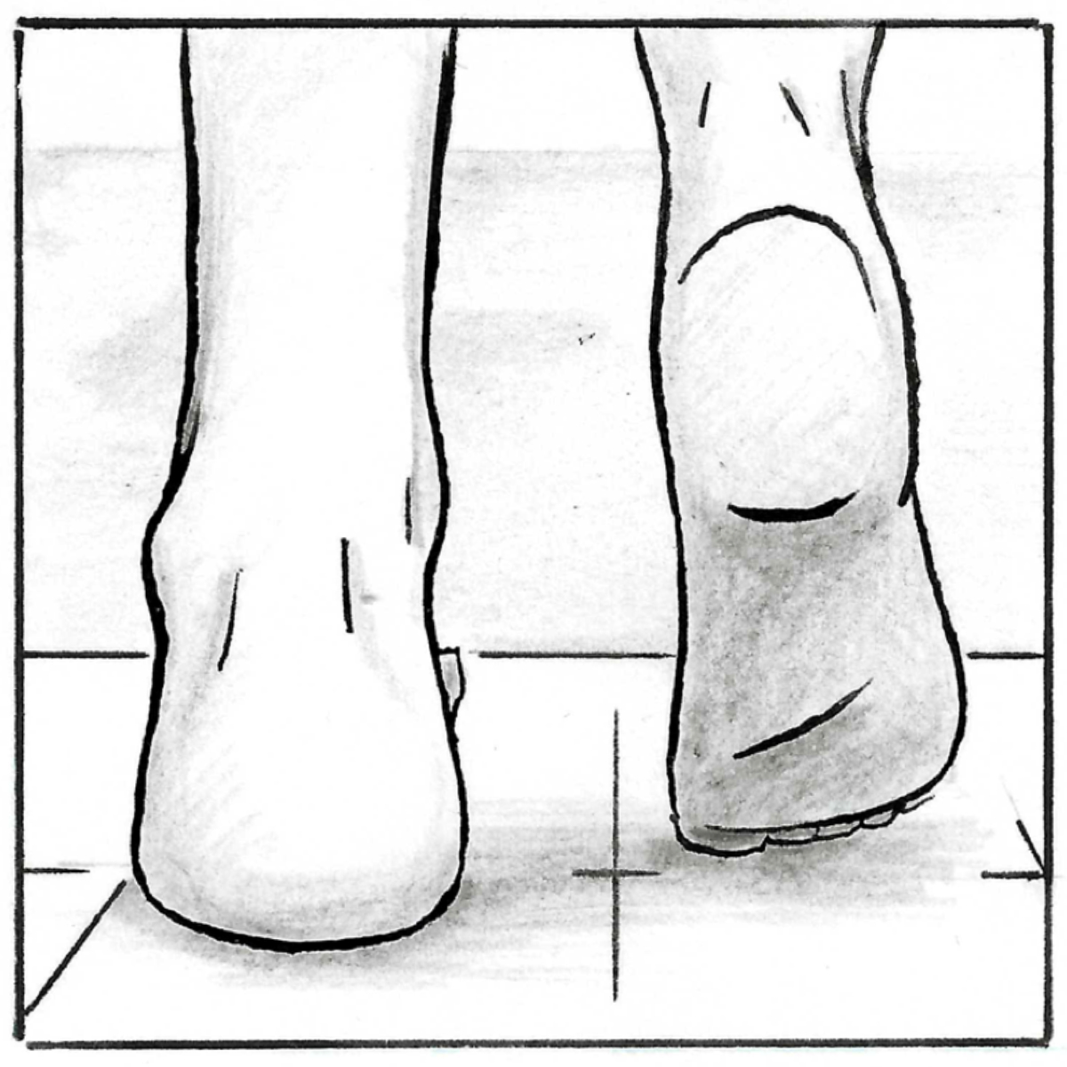 A close up of Adam's barefeet standing on the edge of a swimming pool.