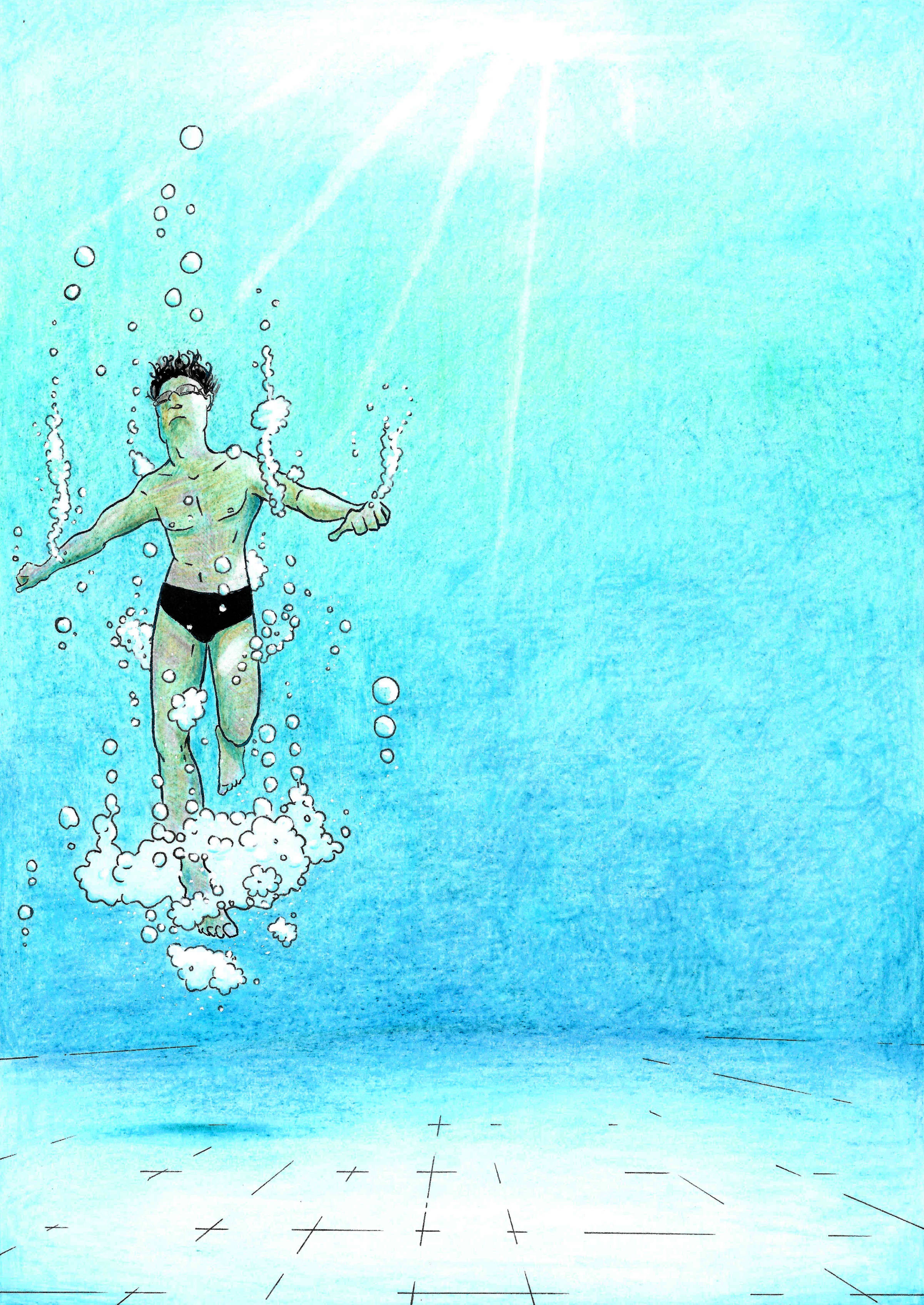 A beautiful full page, full colour, splash page as Adam jumps feet first into the water. The water is vibrant aquamarine blue, he is surrounded by white bubbles. Heaveanly streaks of light cut through the water from the surface.