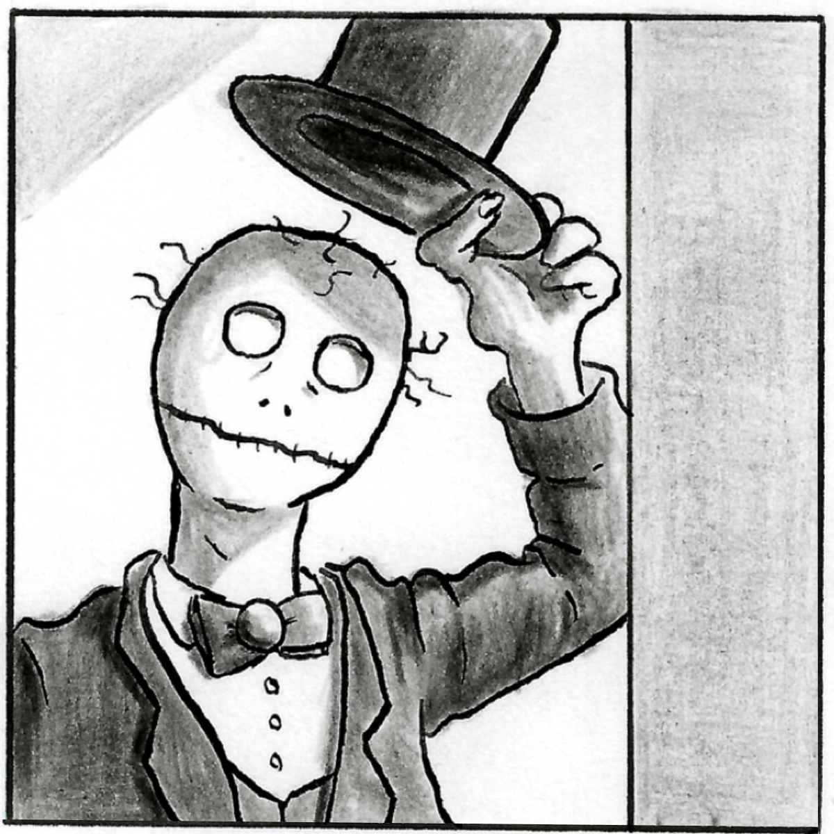 A medium close up of Death standing by the door. He raises his top hat to say goodbye...for now