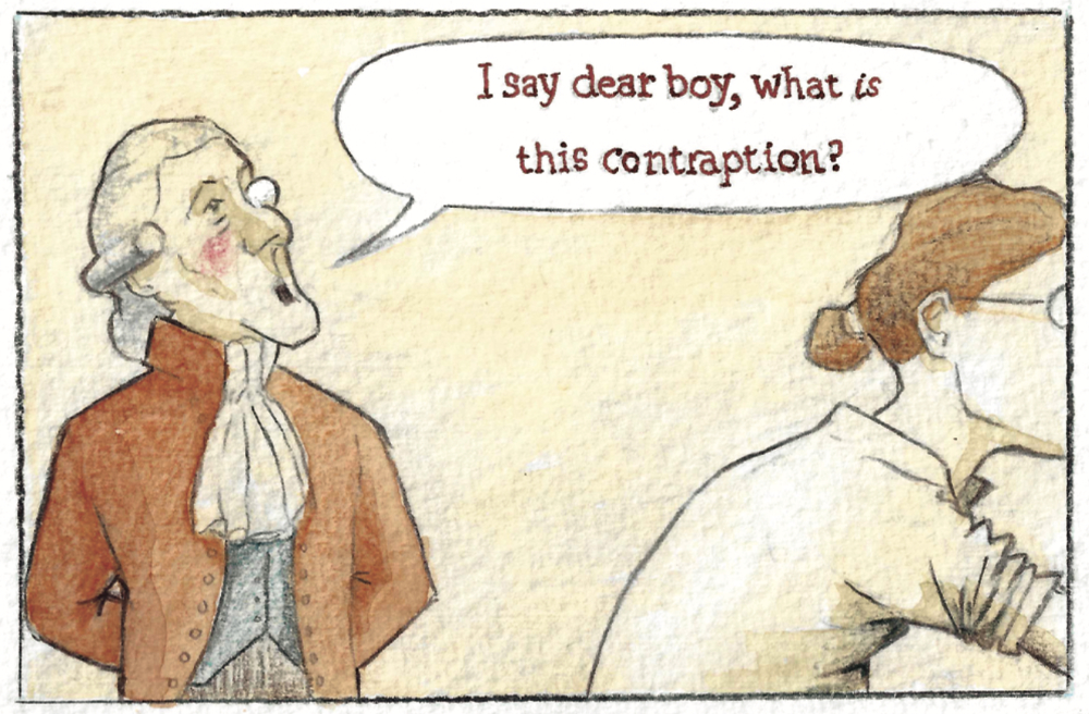 Panel 1 of Steam Engine. An aristocratic man from the 1700s asks 'I say dear boy, what is this contraption?'