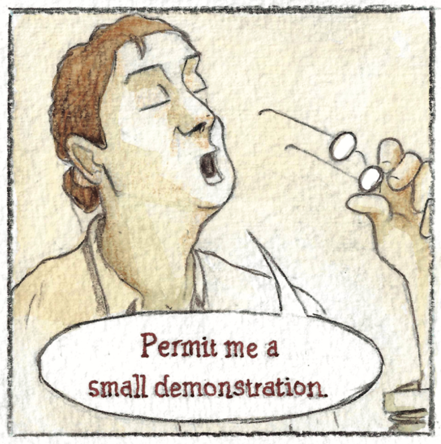 Panel 5 of Steam Engine. The inventor cleans his glasses and replies 'Permit me a small demonstration.'