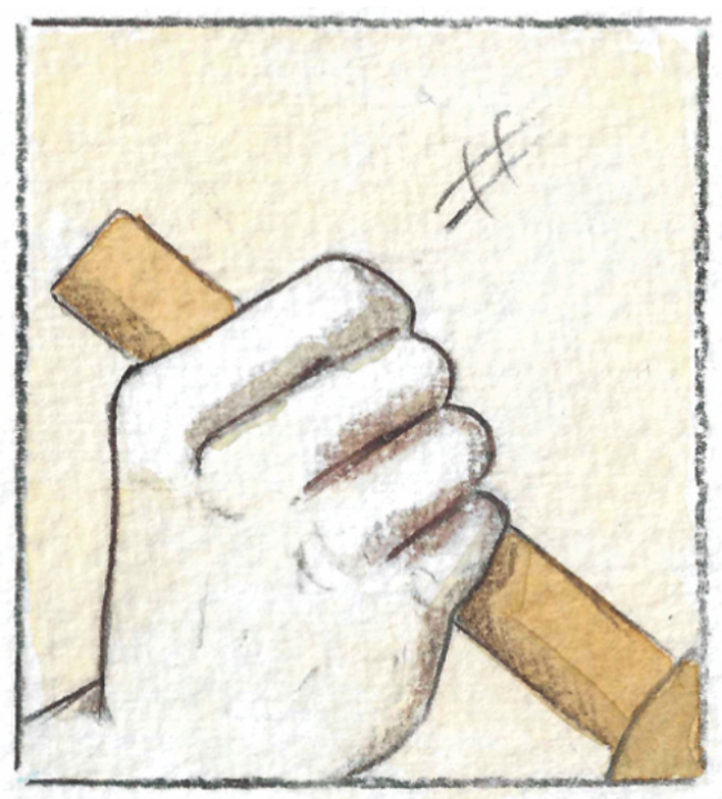 Panel 6 of Steam Engine. A close up of the inventor's hand as he pulls a lever.